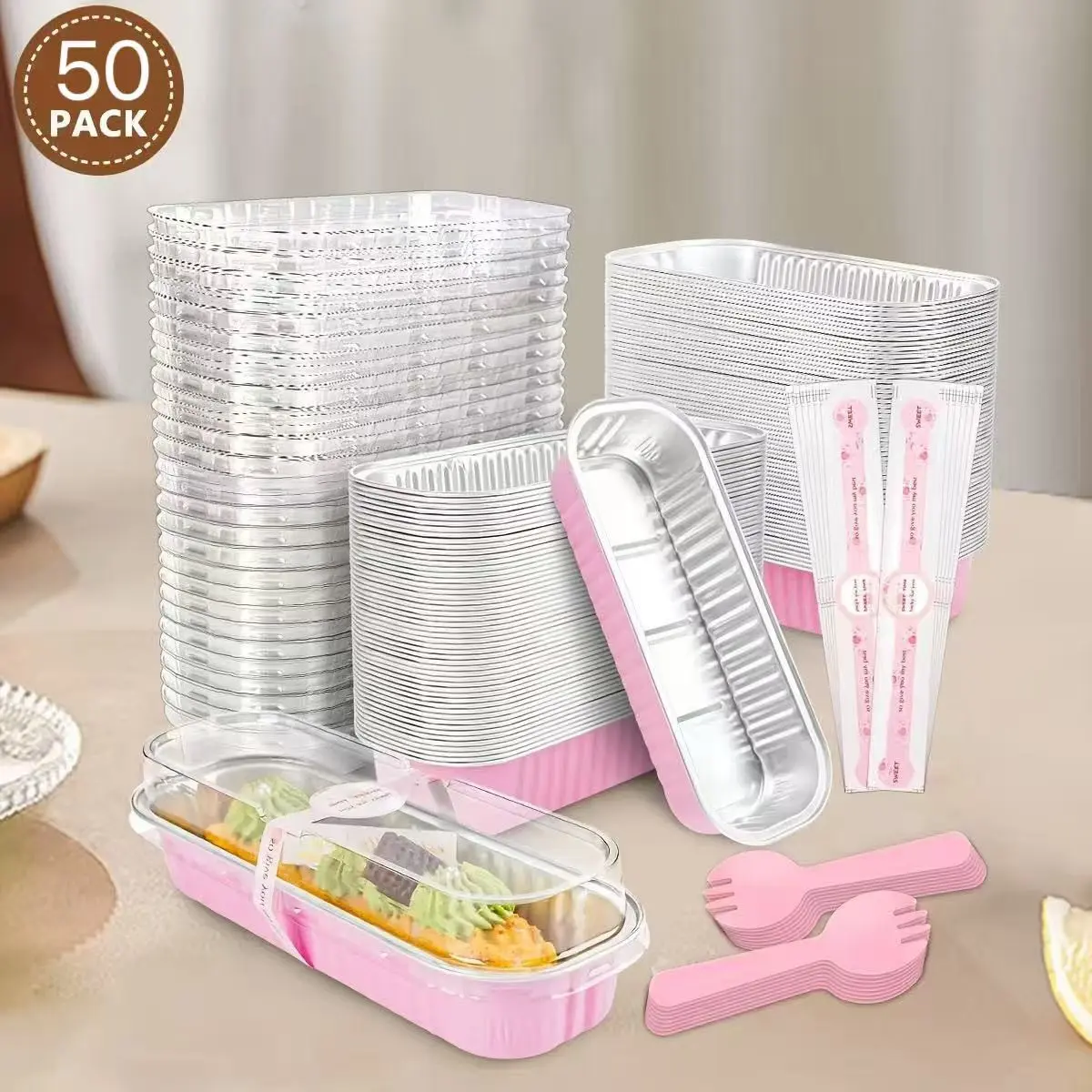 50 Pack Mini Loaf Pans with Lids and Spoons, 6.8oz Disposable Aluminum Foil Baking Cake Pans, Sealing Stickers, Dessert Containers for Parties and Gifts, Bakeware