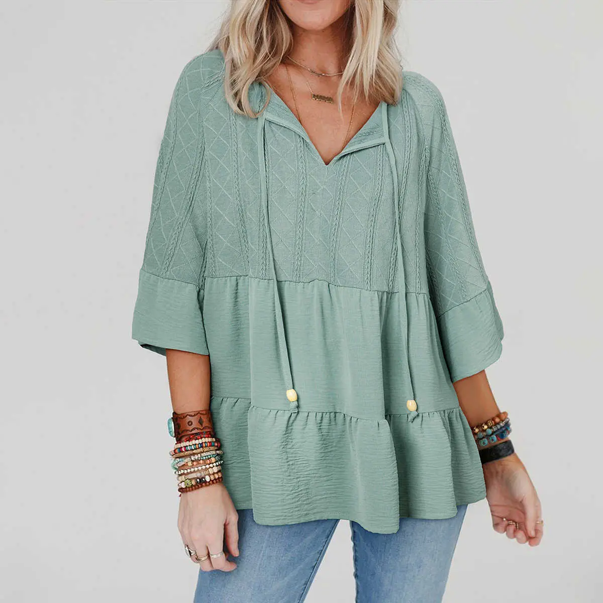 Laurel Green Tie Split Neck Textured Ruffle Patchwork Blouse