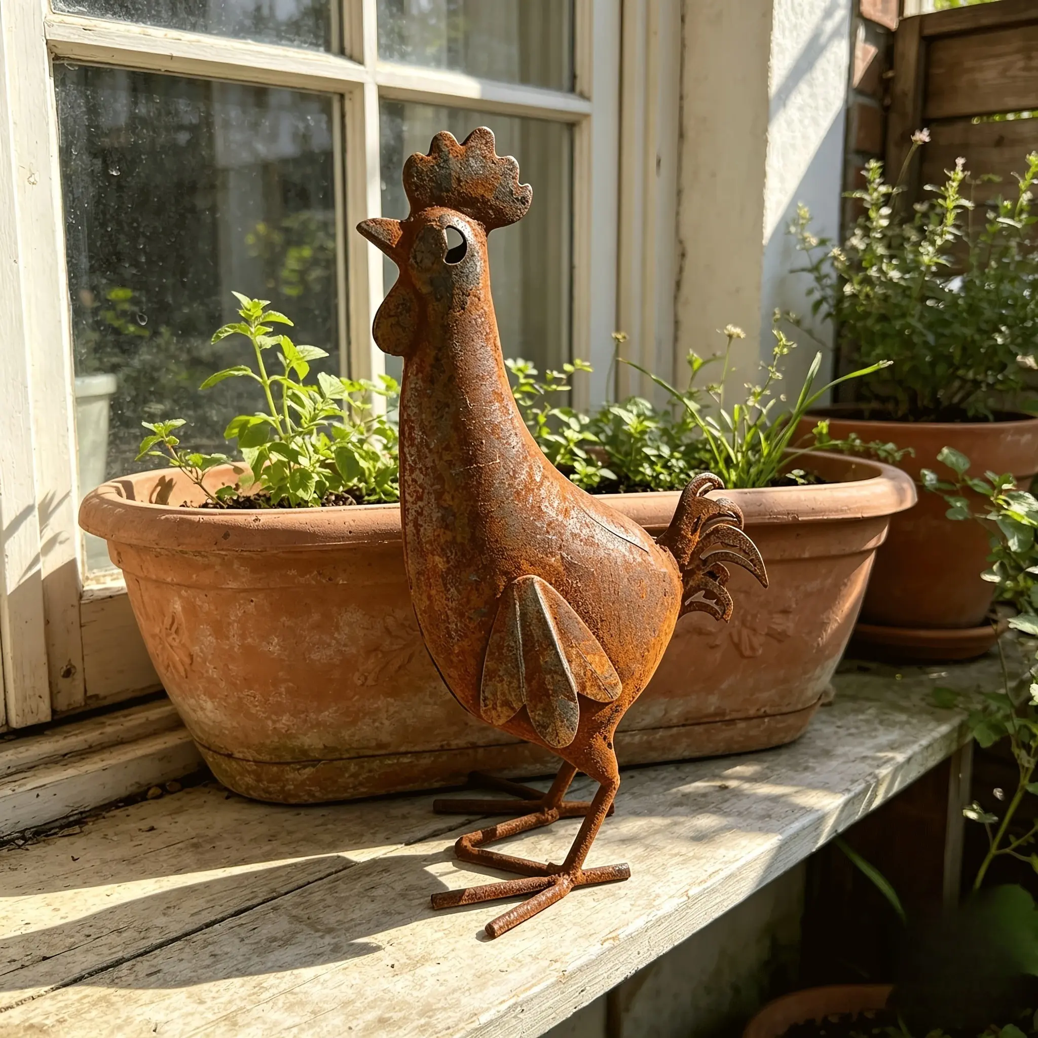 Metal Rooster Statue, Rustic Iron Art Chicken Decor, Vintage Farmhouse Garden Decorative Ornament, Outdoor Sculpture for Yard Landscape