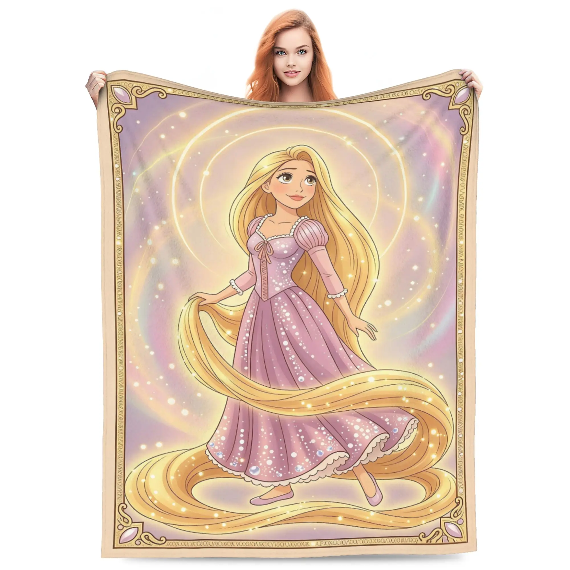 Disney Classic Tangled Rapunzel Flannel Throw Blanket - Soft, Lightweight, Cozy with Magical Glowing Long Hair Princess Art Frame Design for Sofa, Bed, Girl Room Decor