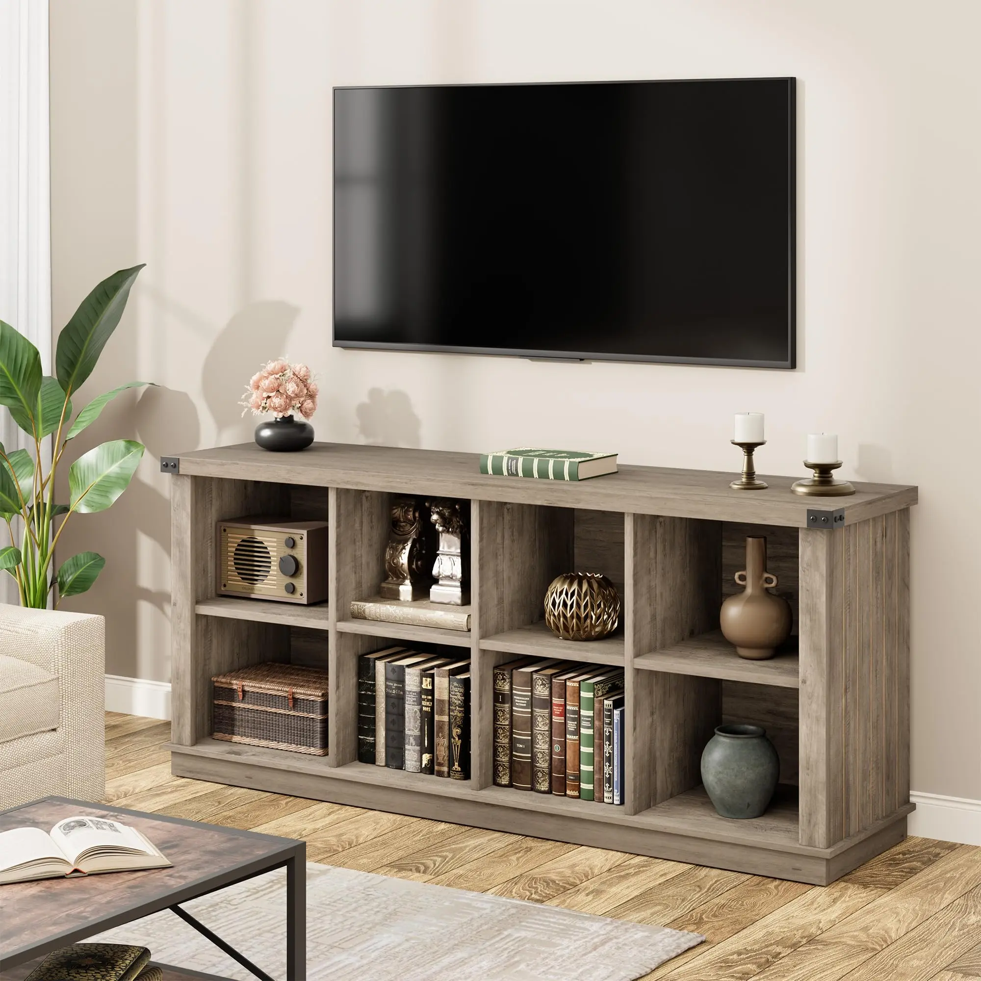 Farmhouse 8-Cube Rustic Bookcase, Long Low Wooden Bookshelf with Open 2-Tier Storage, Metal Corner Guards, Freestanding Floor Standing Cabinet Organizer