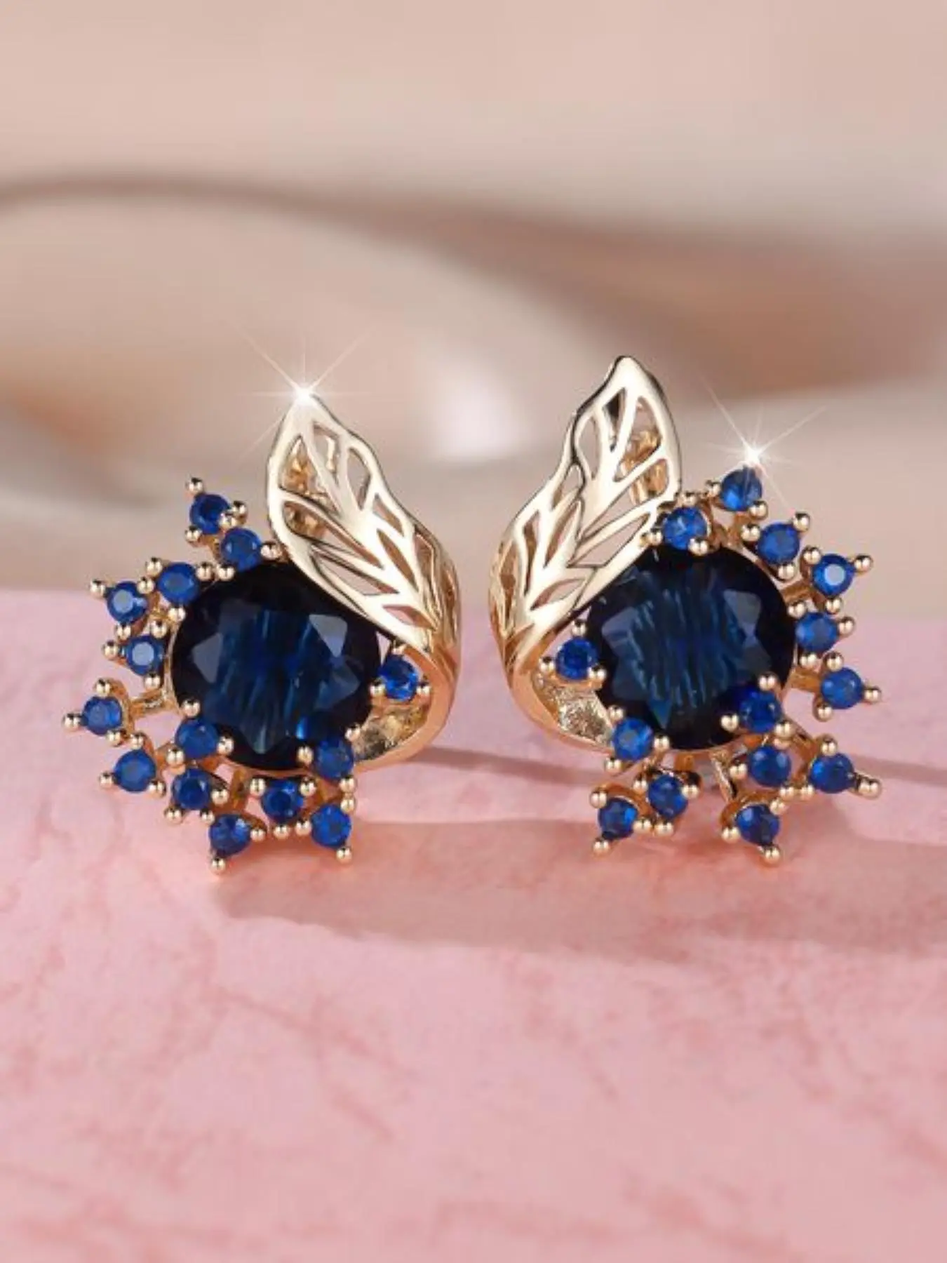 Elegant Blue Zircon Flower Leaf Earrings, Shining Earrings, Round Full Stone Party Jewelry for Women, Stylish Floral Design Earings
