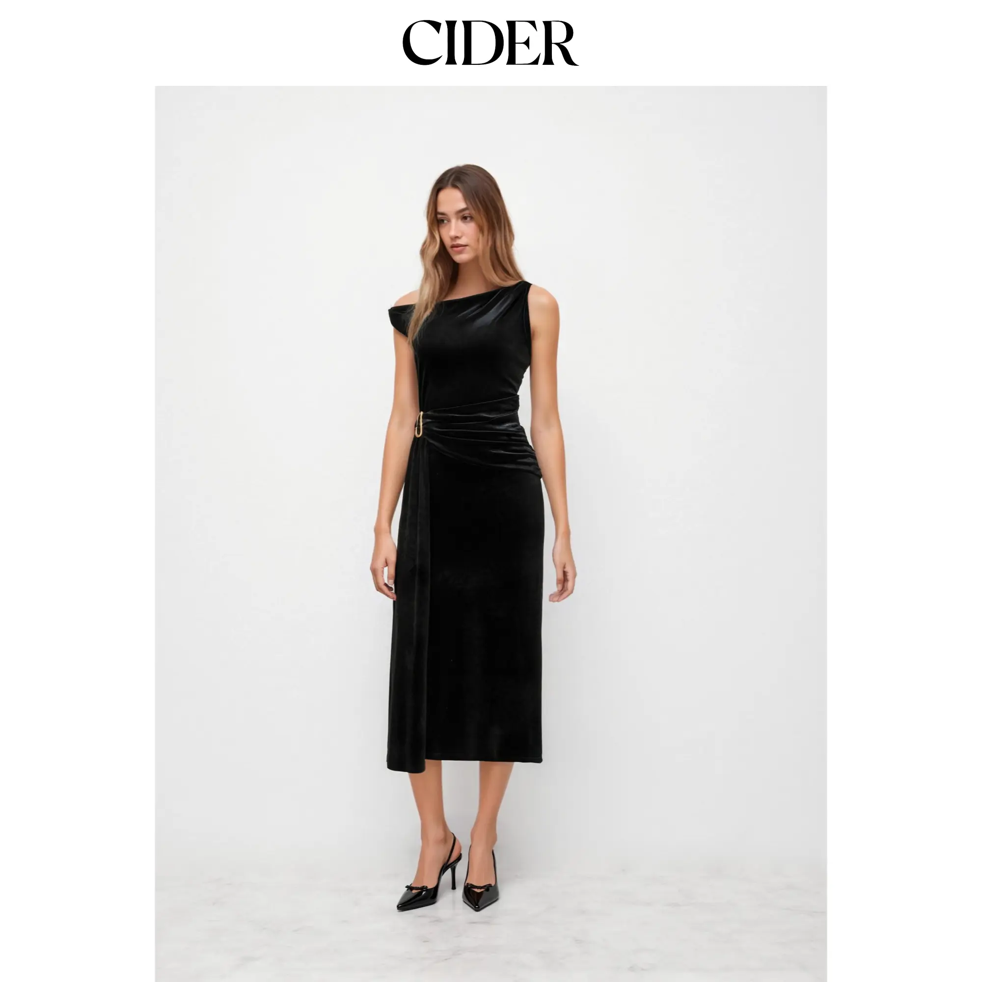 Cider Velvet Asymmetrical Neckline Draped Metal Detail Maxi Dress