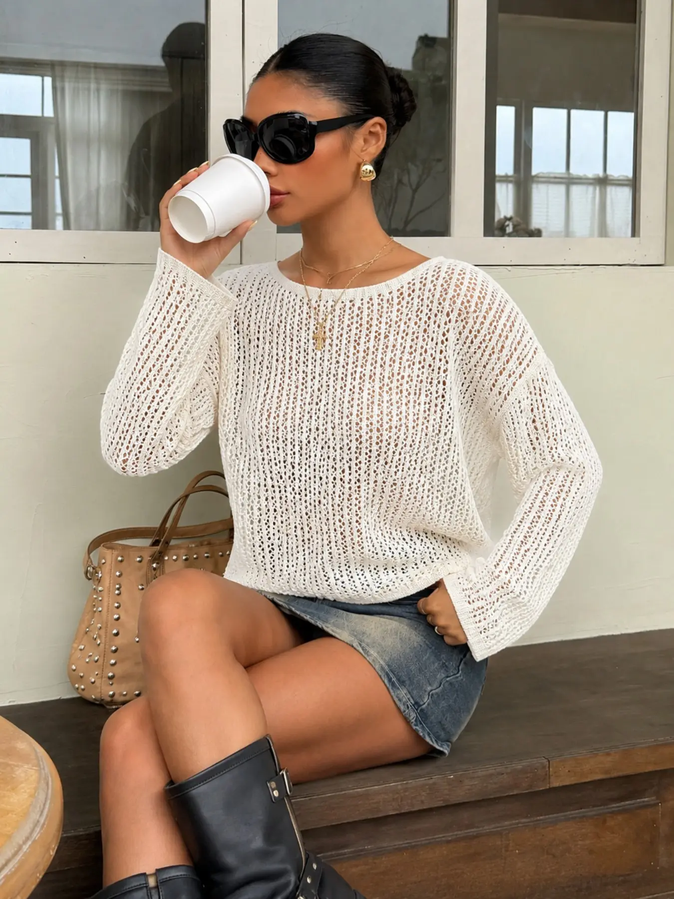 Women Open Knit Pullover Sweater Knitwear Crew Neck Loose Fit Long Sleeve Hollow Out Crochet Mesh Top Lightweight Sheer Knit Blouse for Spring Summer Casual Street Vacation Beach Cover Up Breathable