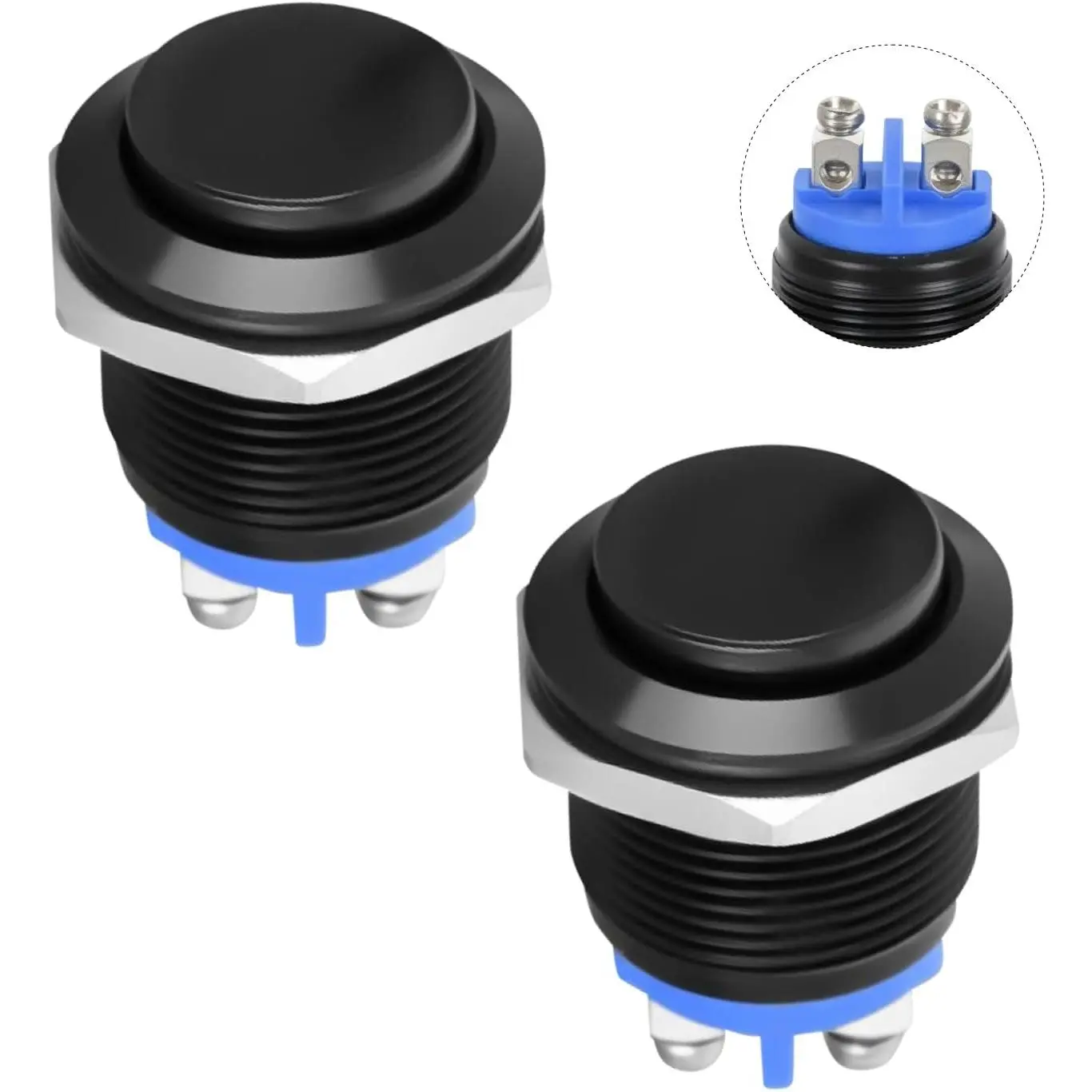 Nilight 19mm & 2 x 16mm Momentary Push Button Switches, 12V Waterproof Black Metal Round 2-Pin Screw Terminal, Cold & Fire Resistant for Car Truck Horn Boat Outdoors RV Vehicle (2PCS)