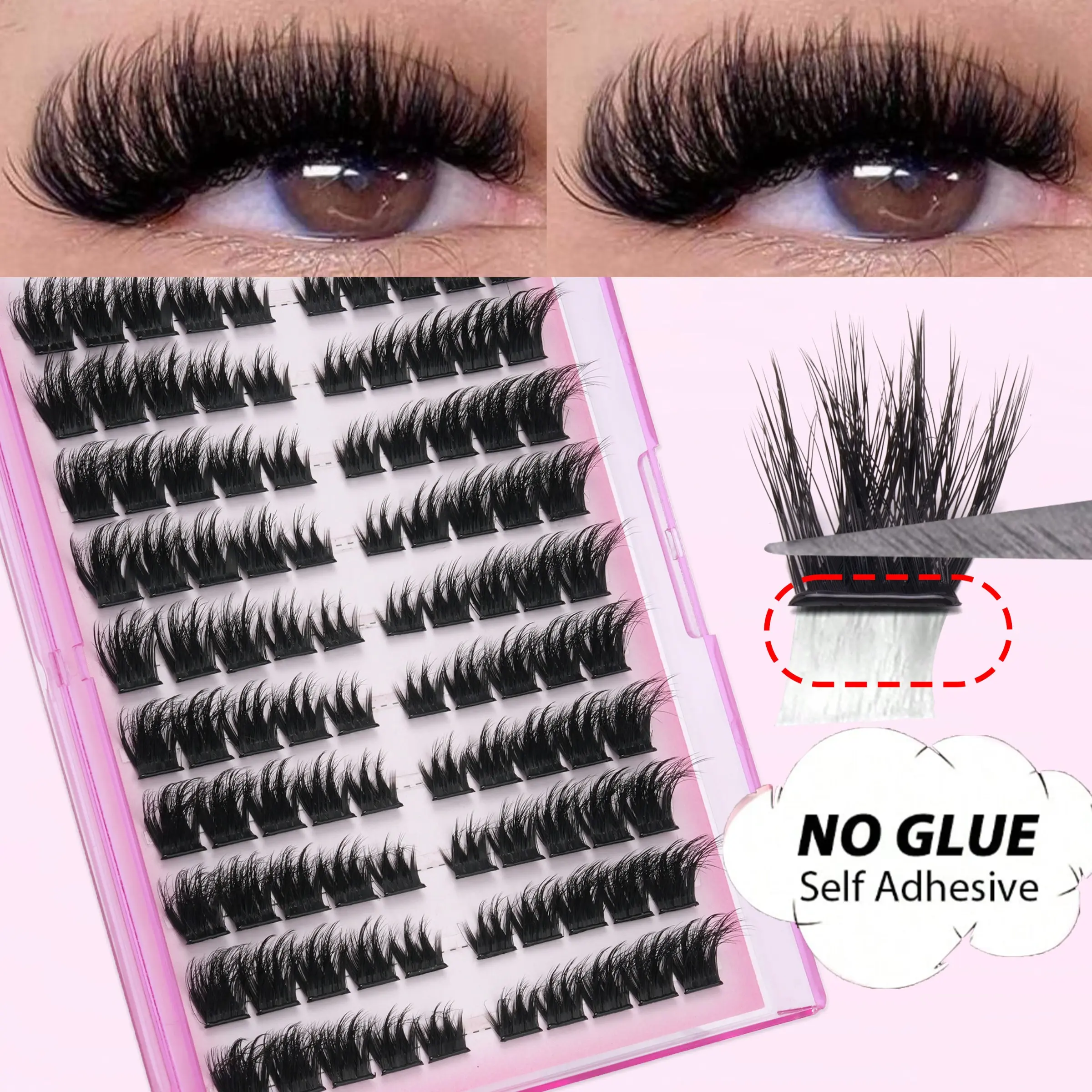 100 Pairs Glue-Free False Lashes, Glueless Lashes, 3D Dense Style, Self-Adhesive Tape, Lifted Curl, Deep Eye Makeup Effect, Single Item Pack