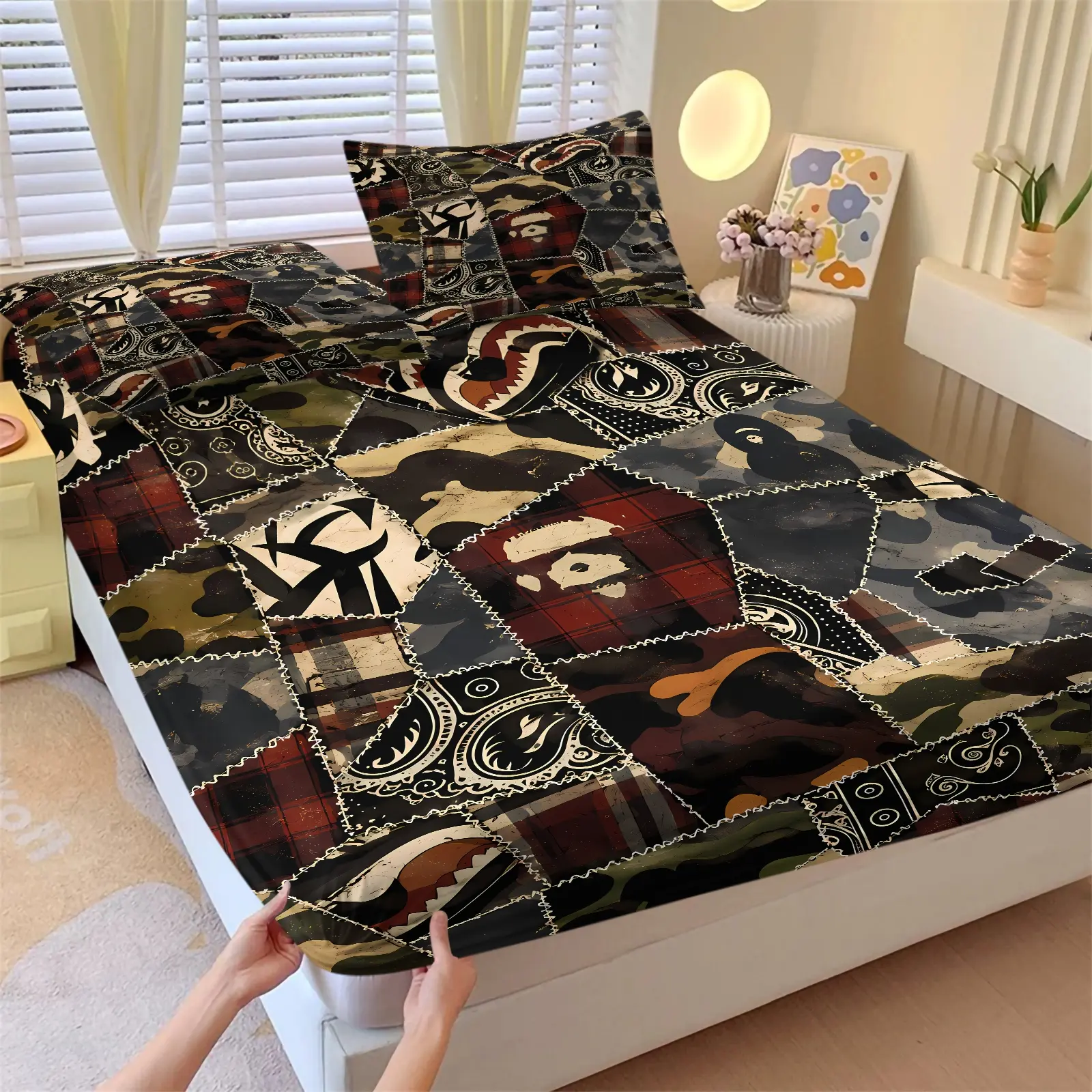 Retro Patchwork Shark Camo Print Fitted Sheet Set, 1 Fitted Sheet & 2 Pillowcases, Breathable Soft Bedding Set, Cool Soft Sheets, Deep Pocket Elastic Non‑Slip Mattress Cover, Cool Hip‑Hop Street Style Decor For Teen Boys Bedroom Dorm