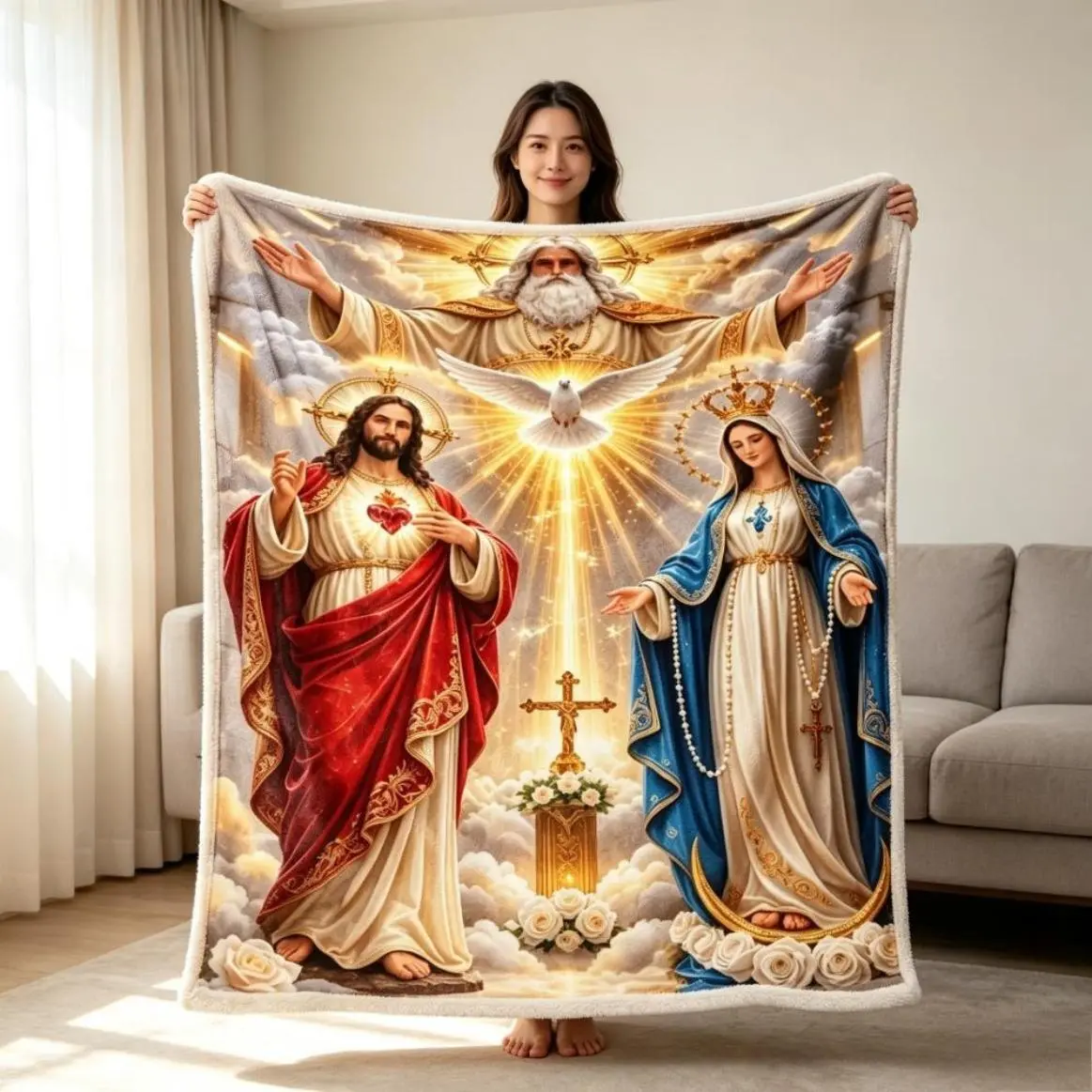 Polyester Holy Trinity Christian Flannel Throw Blanket, Religious Oil Painting & Faith Scripture Print, Ultra-Soft Cozy Warm Bedding for Adults, Couch/Sofa Decor, Easter/Christmas Gift