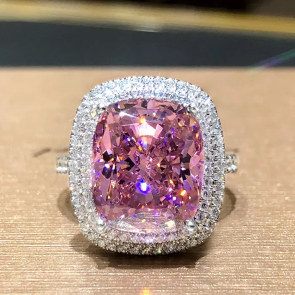 Women's Luxury Pink Cushion Cut CZ Engagement Ring, 4-Prong Setting Double Halo Paved Cubic Zirconia Statement Ring, Elegant Alloy Wedding Band Ring for Bridal Party Formal Occasion, Ideal Valentine Birthday Jewelry Gift for Her
