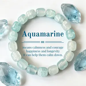 Natural Aquagramine Beaded Bracelet Unisex Men Women Light Blue Crystal Nugget Barrel Stones Coastal Grandmother Mermaidcore Aesthetic Summer Beach Vacation Gift Jewelry