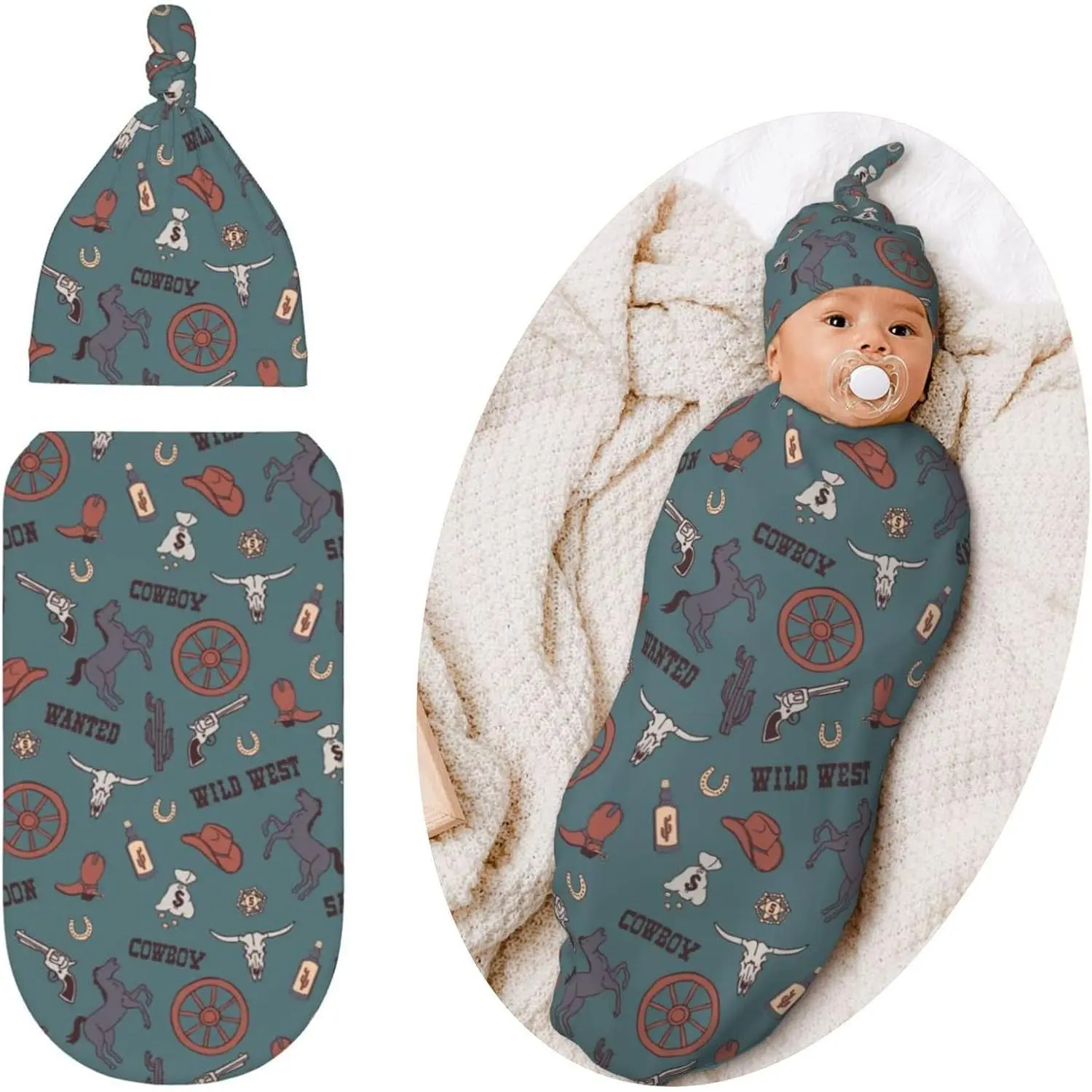 Retro Western Swaddling Blanket for Baby, Unisex Baby Stuff with Hat