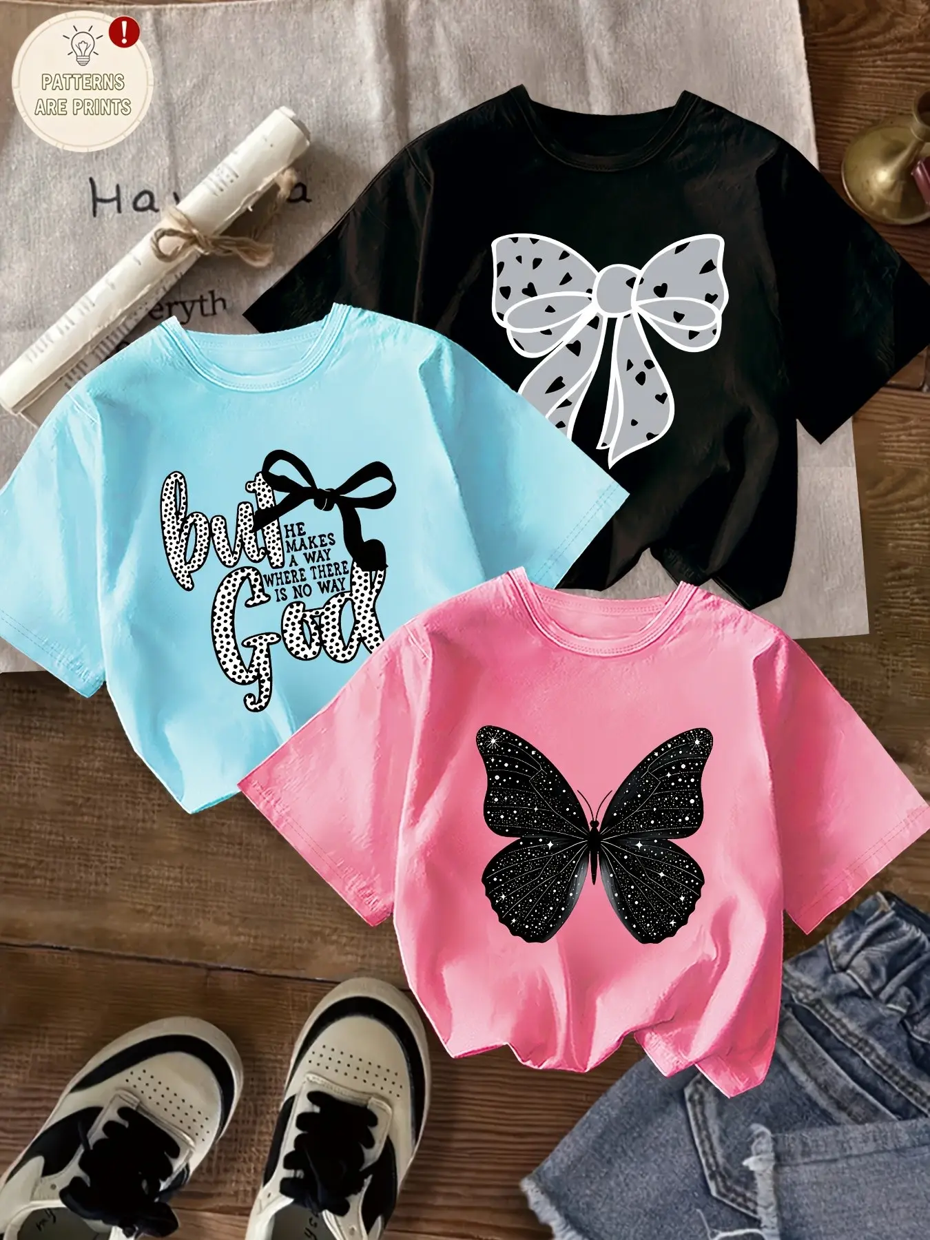 Three-Piece Set, Fashion Retro Rhinestone Butterfly Heart Polka Dot Bow Print Girls' Short Sleeve T-Shirt, Teenage Round Neck Top, Graphic Printed Tees