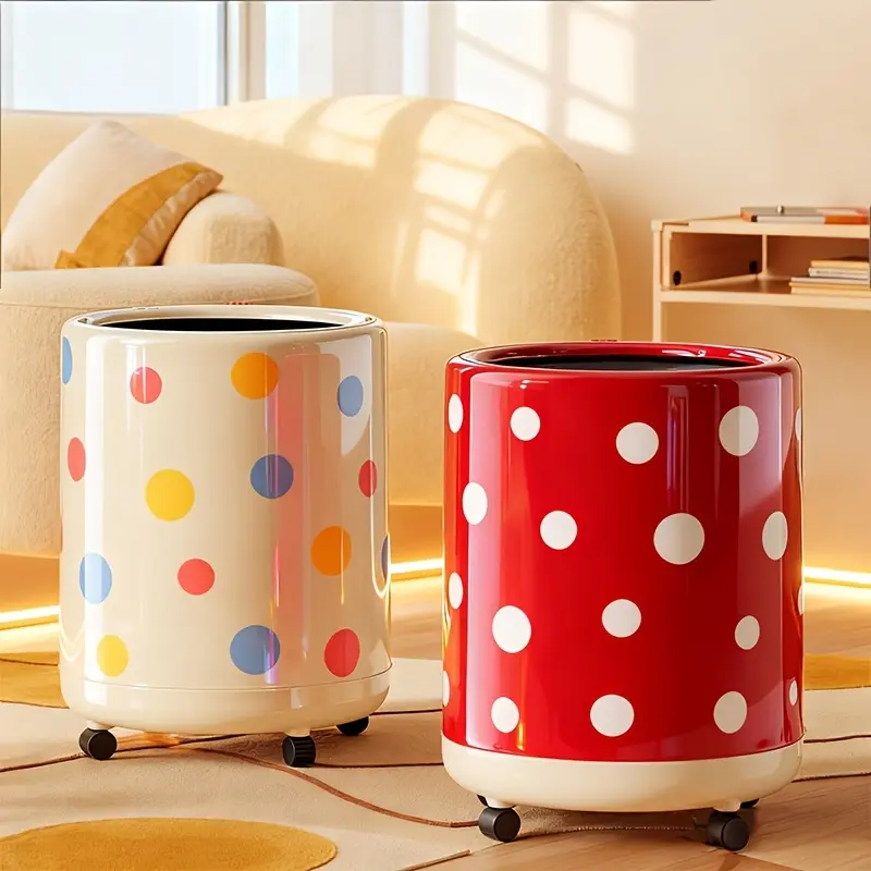 2pcs Cute Polka Dot Rolling Trash Can 13L Double Layer Round Garbage Bin Hidden Bag Design for Bathroom Office Kitchen Bedroom Home Wastebasket