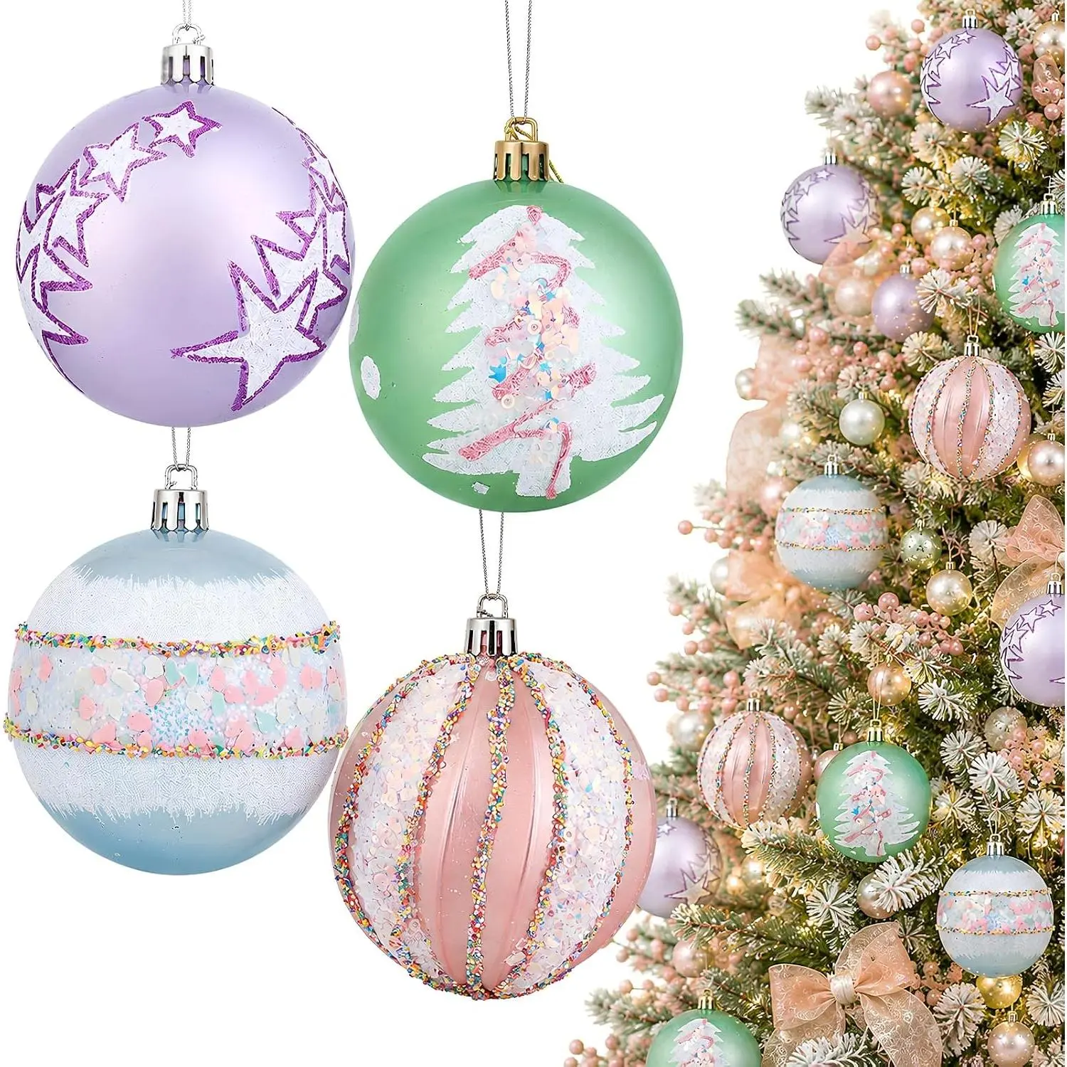 16 count Candyland Christmas Ornaments, Pastel Shatterproof Baubles | 3.15" Candyland Christmas Decorations, Candy-Themed Decor,  Holiday Decor, Iridescent Finish, Winter Wonderland Style