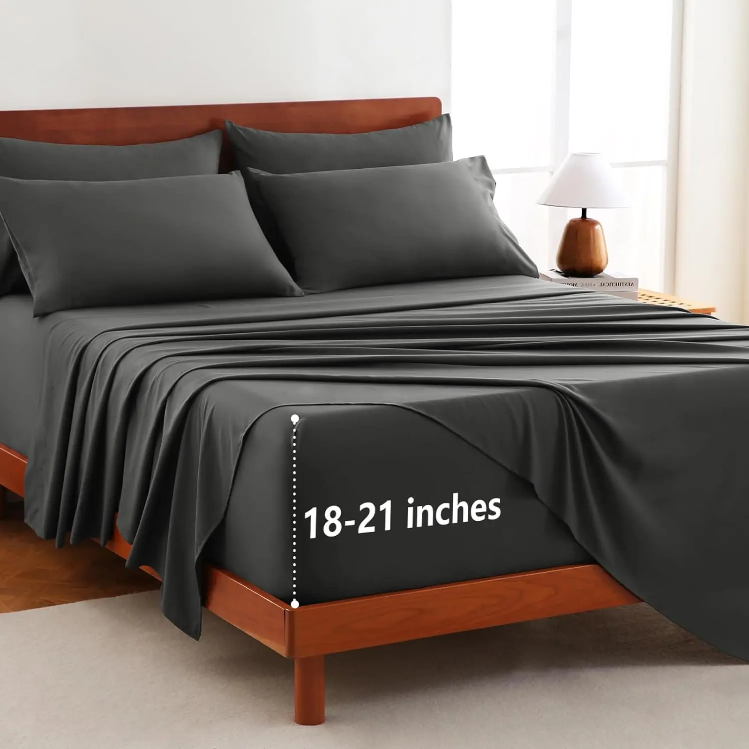 6-Piece Polyester Microfiber King Size Sheets Set - Extra Deep Pocket, Silky Double Brush, Soft Breathable Sheet, Fits 21" Mattresses, Oeko-TEX Certified, Cool/Warm Sleep, Secure Fit Dark Grey Pet Bedding