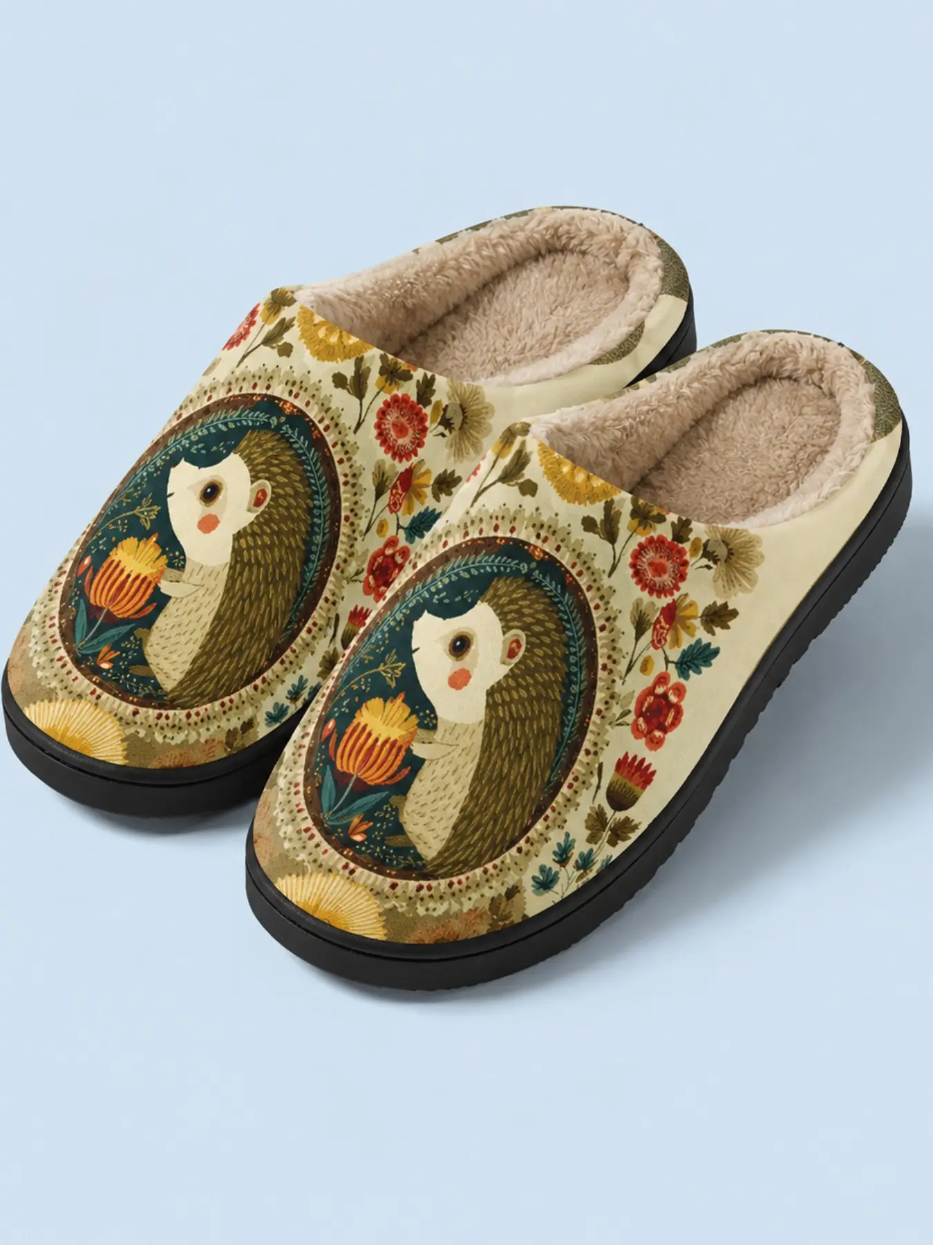 Cute Hedgehog Print Women's Slippers, Retro Style Fall & Winter Indoor Home Shoes, Fabric Upper Eva Sole, Comfortable Daily Wear