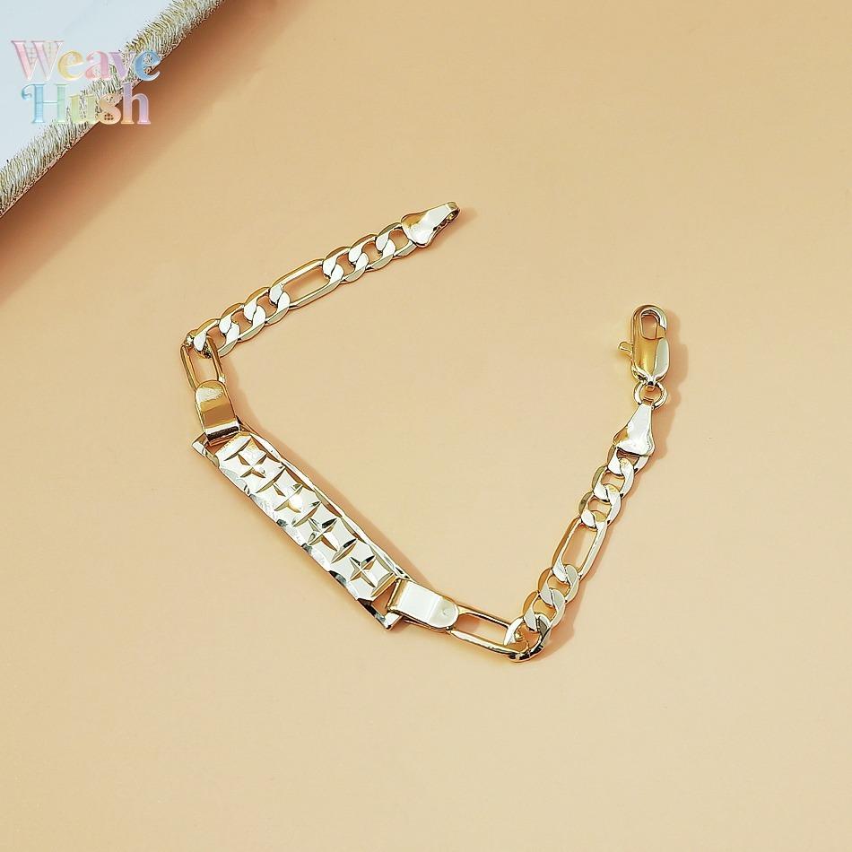 18K Gold Plated Figaro Chain Bracelet, Vintage Engraved ID Tag Cuban Link Chain, Trendy Y2K Minimalist Unisex Jewelry, Hip Hop Streetwear Fashion Bracelet for Men & Women, Durable Waterproof Daily Wear Accessory for Parties, Dating & Casual Outfits