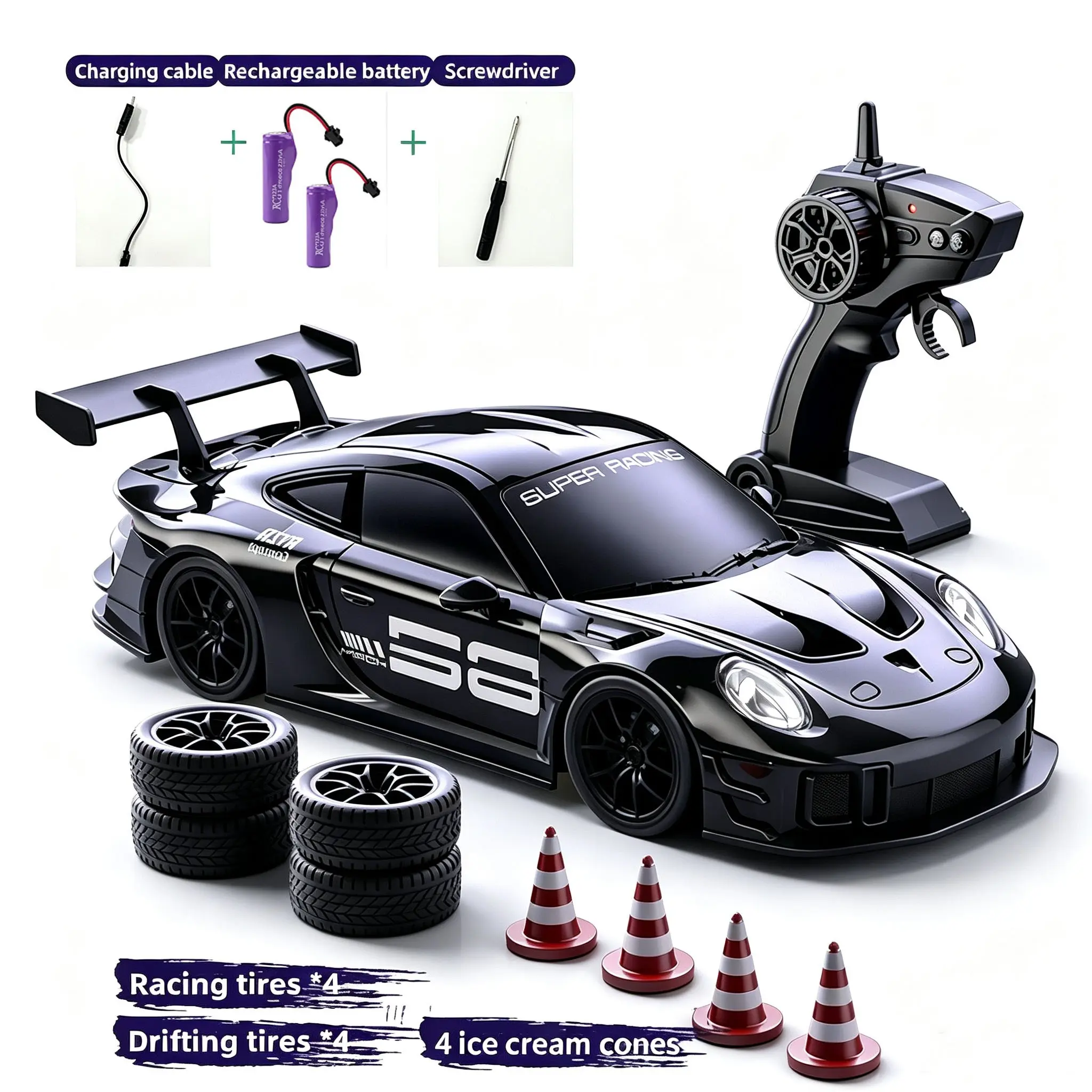 RC High-Speed Drift Car, 1:24 Four-Wheel Drive Remote Controlled Vehicle, LED Lights, 2.4GHz RC Controlled 20km/h, Large Batteries, Drift Tires, Suitable for All Ages