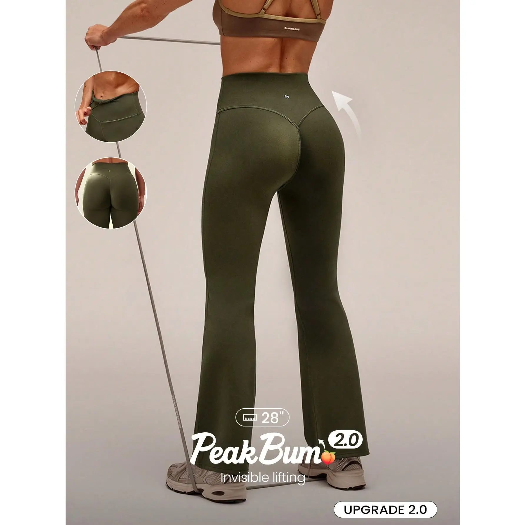 GLOWMODE 28" Powersculpt StudioShape Peakbum Flare Leggings With Mesh Paneling Drawstring Anti-Roll Down Waist High Impact Training Workout Gym Fitness Wear