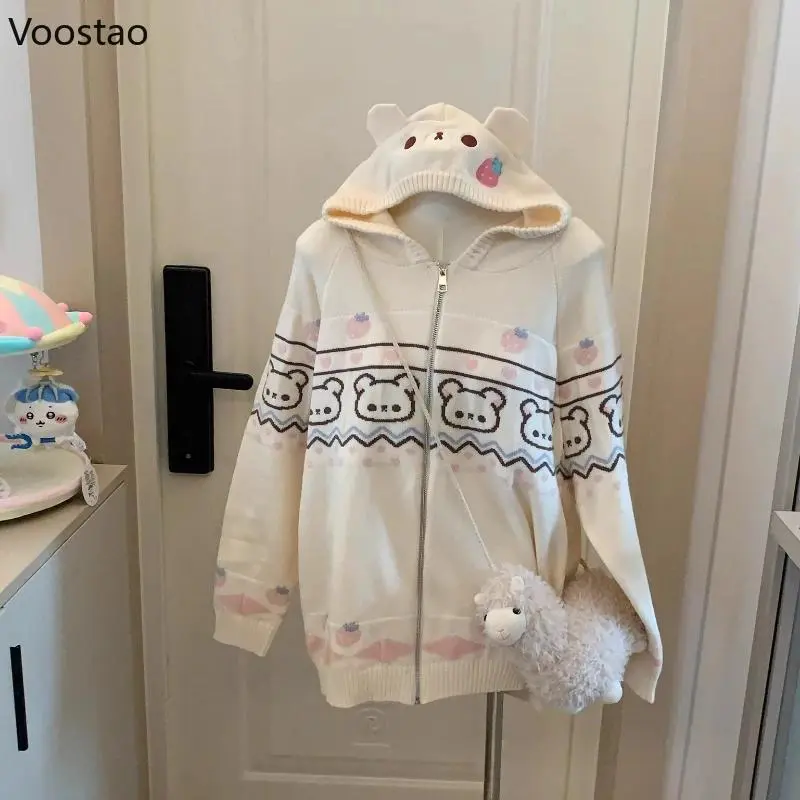 Japanese Kawaii Lolita Style Knitted Cardigan Women Sweet Cartoon Bear Embroidery Sweater Autumn Winter Cute Loose Hooded Coat