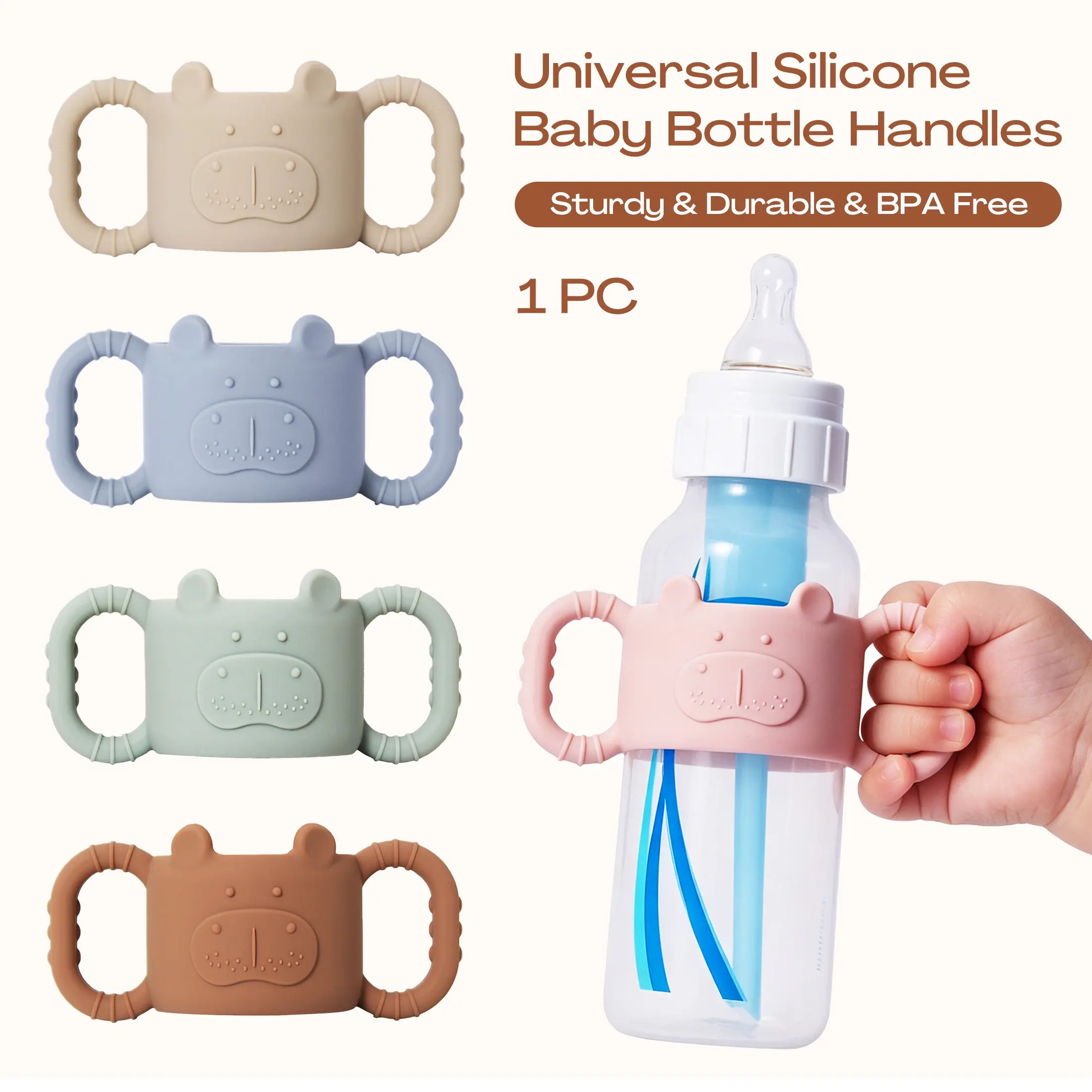 1pc Silicone Handles For Baby Bottles, Cute Hippopotamus Shaped Silicone Bottle Handle, Detachable Easy-To-Hold Handles，Baby Bottle Accessories, Soft Elastic Silicone Bottle Sleeve, Suitable For Standard Caliber Baby Bottles, Ideal Gift For Children