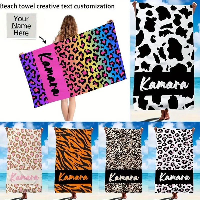 standard,portable,,hostess,gift,,xl,luxury,bathtowels,decorative,boat,towels,drying,Custom Leopard Print Beach Towel Personalized Text Quick Dry Non Stick Soft Microfiber Multifunctional Car Seat Sweat Towel for Beach Travel Camping Seaside Swim Pool Bath