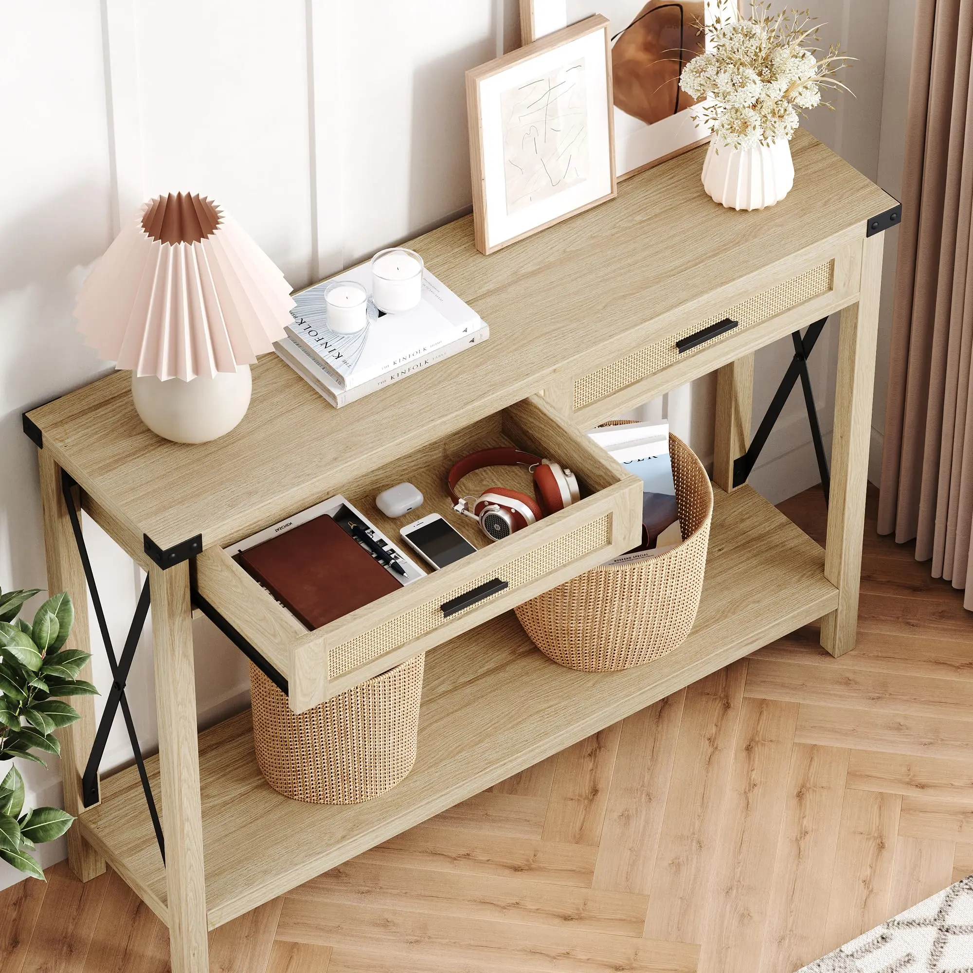 43 Inch Narrow Boho Rattan Console Table with 2 Storage Drawers, Modern Farmhouse Wooden Entryway Sofa Table with Open Storage Shelf, Multipurpose Furniture for Living Room Hallway Foyer