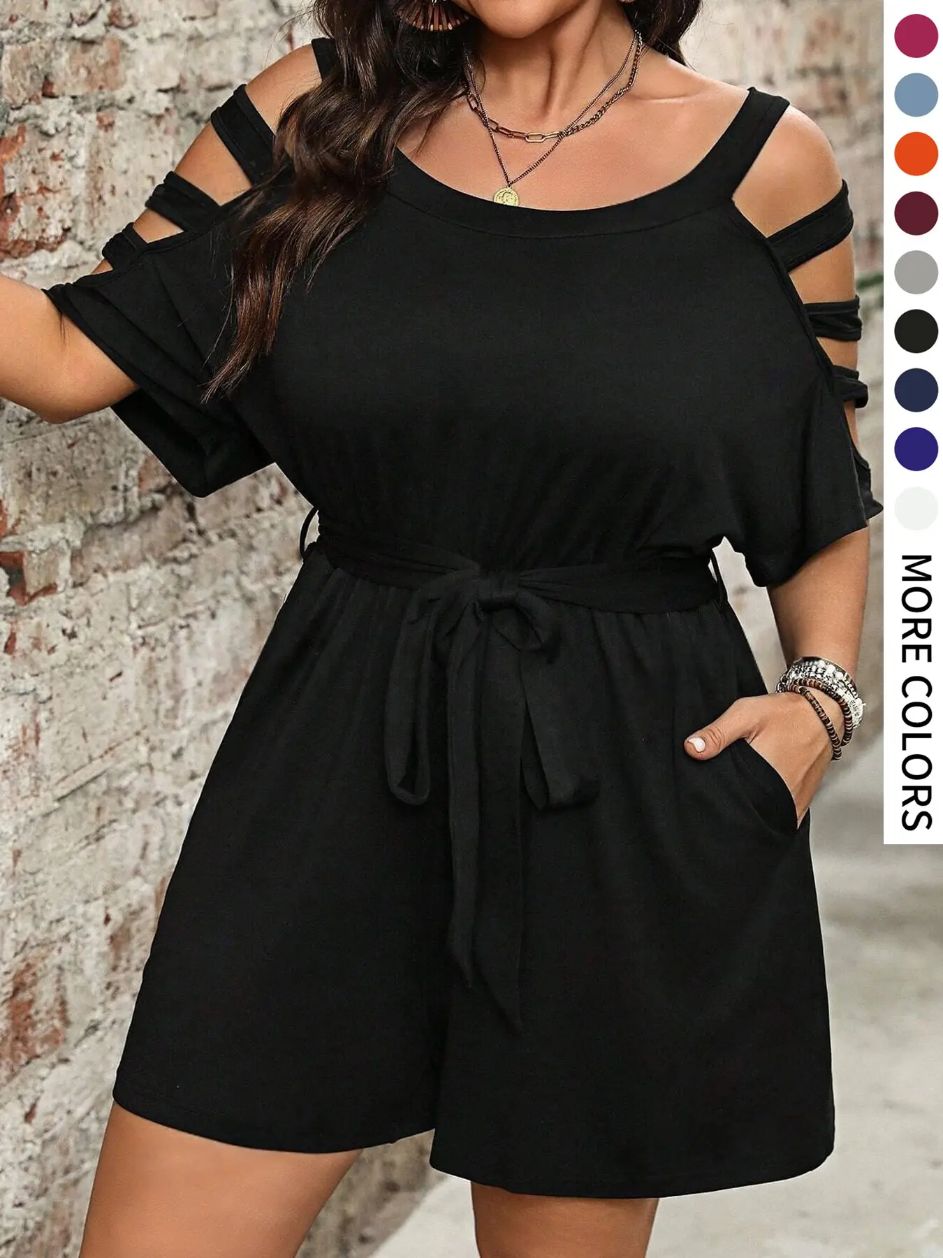 [Plus Size] Solid Color High Waist Romper, Casual Pocket Romper for Summer, Women's Clothes for Daily Wear
