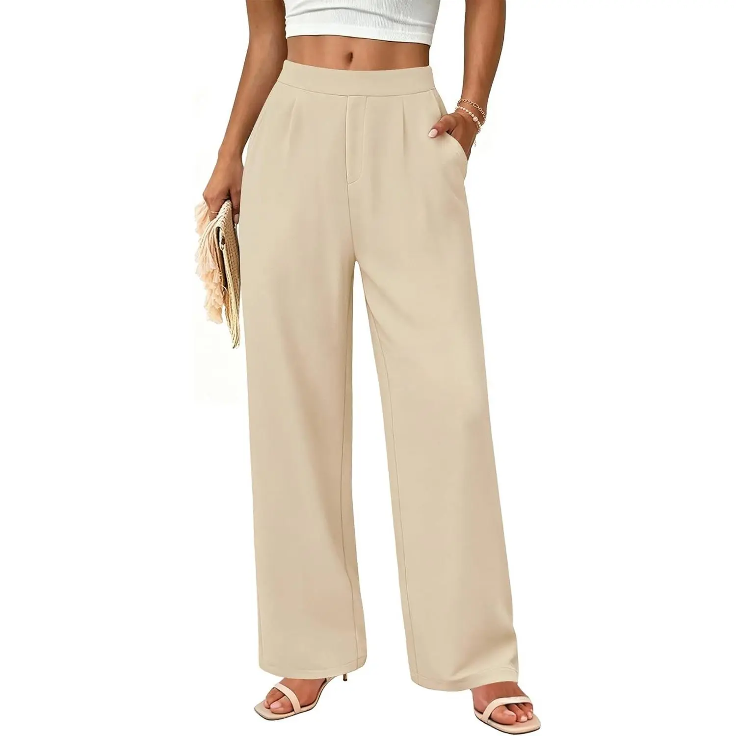 Women's High Waisted Loose Fit Palazzo Pants - Multi-Size Summer Flowy Beach Wear Trousers with Pockets, Business Casual Outfits Dress Pants