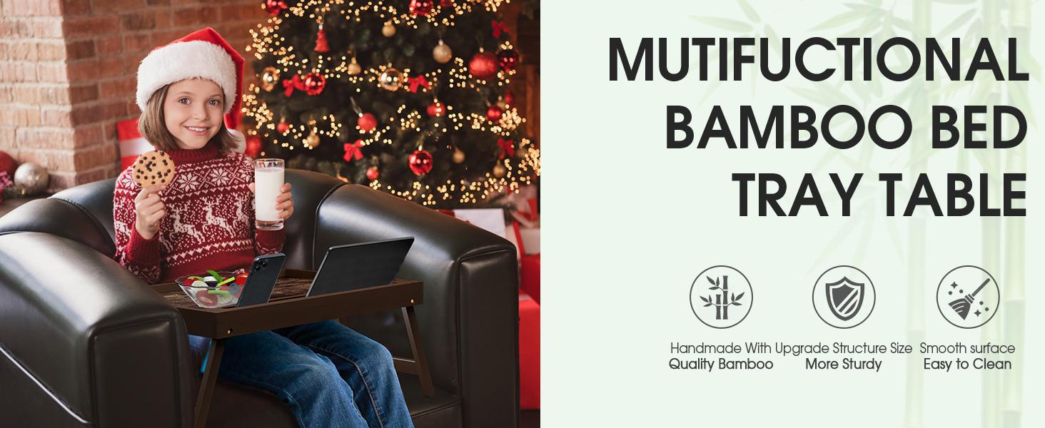 Bamboo Breakfast Tray with Foldable Legs & Detachable Stand | Ergonomic Handle | Portable Bed Tray for Eating, Working, Laptop, Tablet, and Phone（Vintage Walnut）