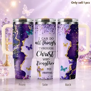 Purple Gold Glitter 40oz Tumbler – Sparkly Luxury Style Stainless Steel Insulated Travel Cup with Handle & Straw Lid for Coffee, Water, Gym, Office, Car, Glam Gift for Her