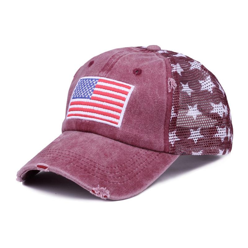 Washed cotton vintage baseball cap with embroidery, American flag embroidered cap, mesh cap, five-pointed star mesh cap