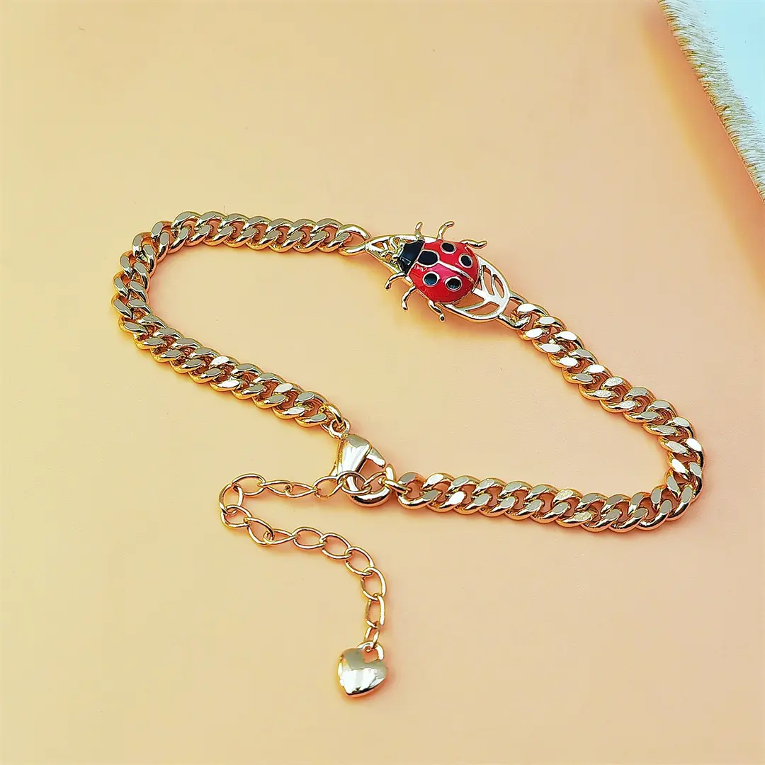 Unisex Kids' Whimsical Alloy Chain Bracelet with Cartoon Enamel Ladybug Cute Charm, Adjustable with Heart Extender for Daily Wear, Costume Fashion Jewelry Bracelet & Bangle (No Warning Applicable), Cartoons