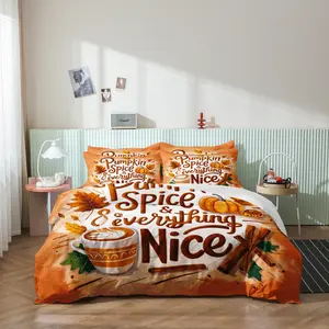 3 Pieces Orange Pumpkin Spice & Everything Nice Letter Print Duvet Cover Set, Maple Leaf Latte Cinnamon Pumpkin Letter Print Bedding, (1 Duvet Cover + 2 Pillowcases, No Comforter No Pillow)