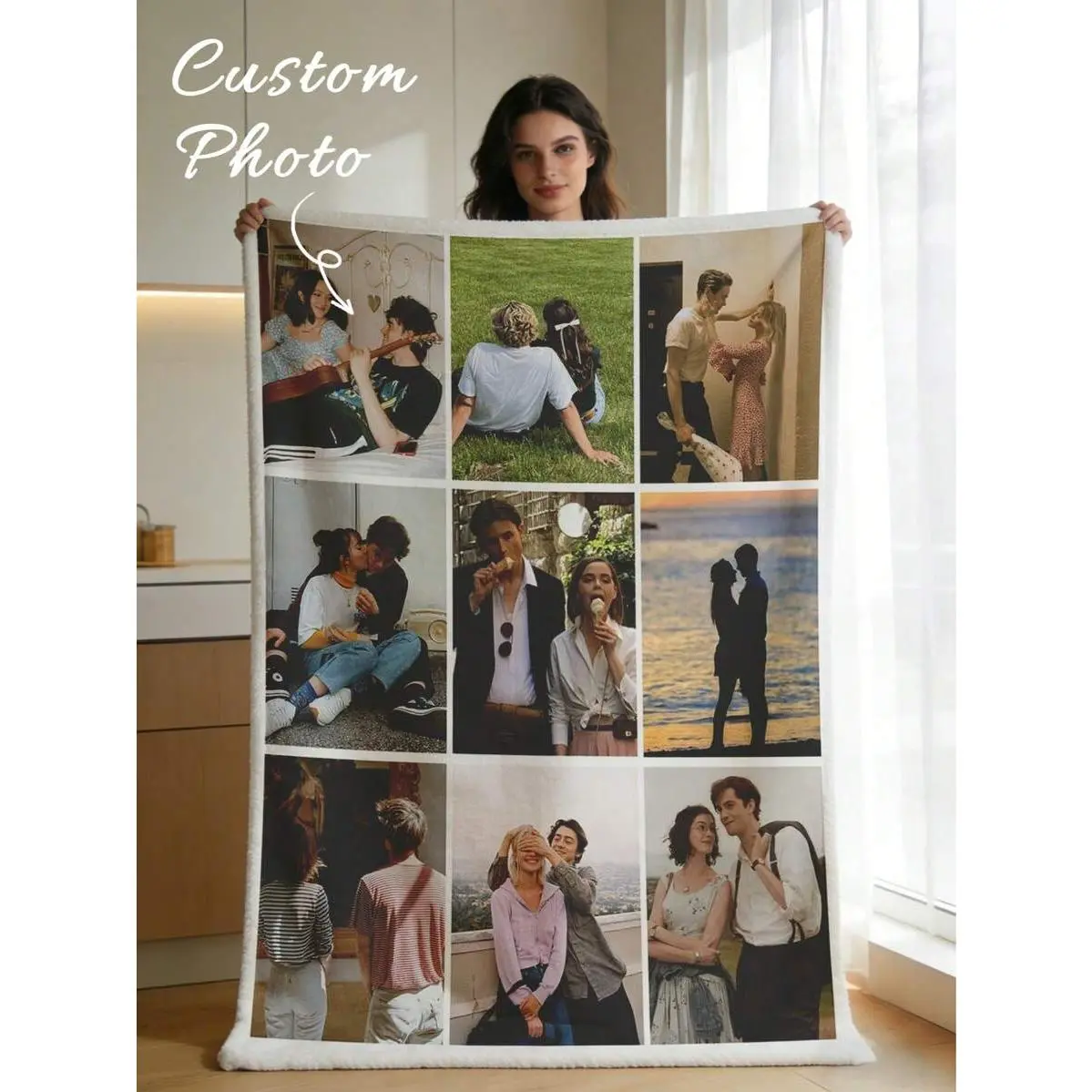 Custom 9 Photo Collage Blanket with Sherpa Trim, Personalized Couples Flannel Throw Blanket, Romantic Anniversary Wedding Gift for Him Her, Soft Cozy Memory Blanket for Couch Bed Sofa Decor ﻿