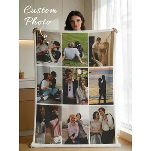 Custom 9 Photo Collage Blanket with Sherpa Trim, Personalized Couples Flannel Throw Blanket, Romantic Anniversary Wedding Gift for Him Her, Soft Cozy Memory Blanket for Couch Bed Sofa Decor ﻿