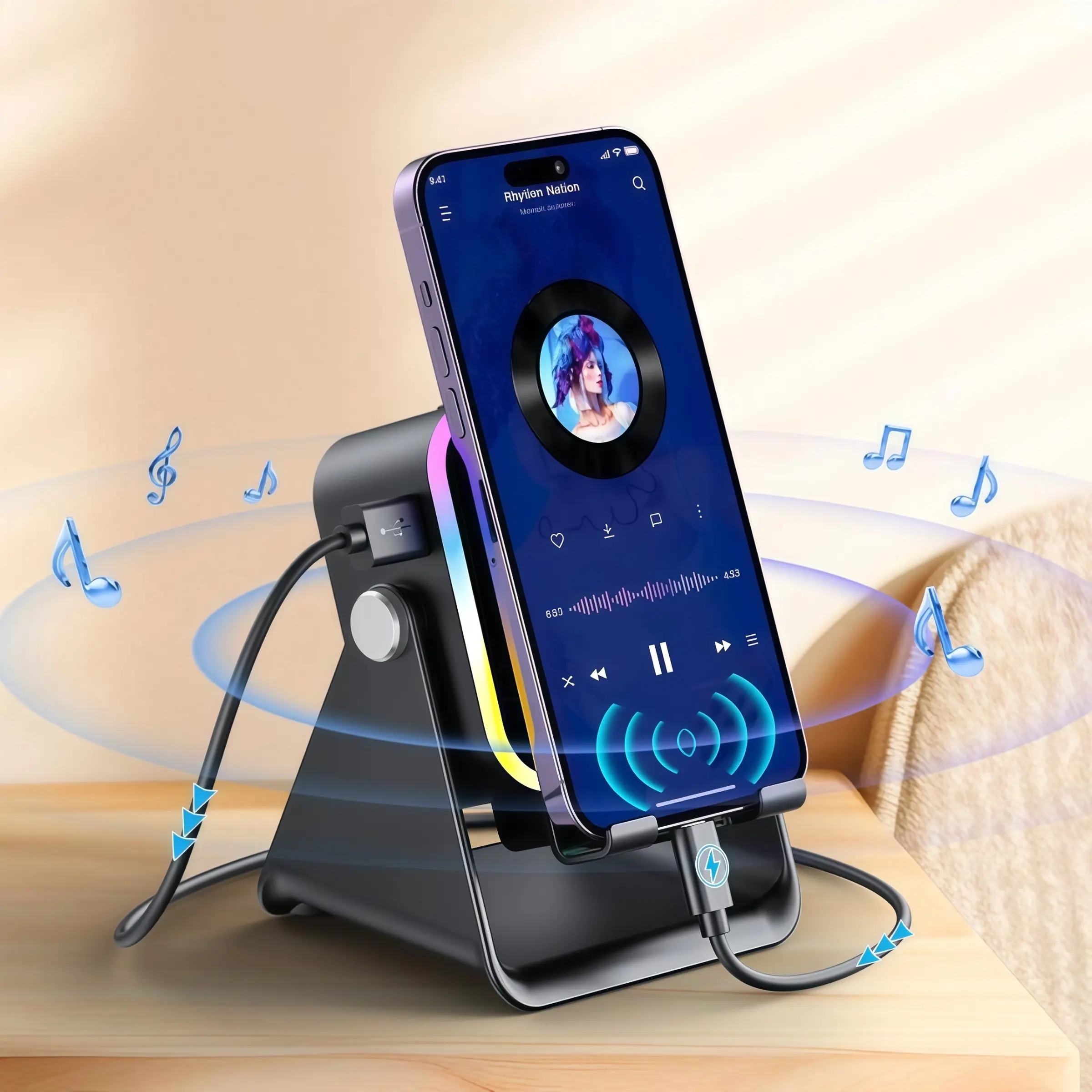 New Wireless Induction Audio Speaker Stand, 5in1 Cellphone Holder, 3500mAh Rechargeable Emergency Power Bank,360° Adjustable Mobile Tablet Stand with Colorful Ambient Light Gifts for Men Women