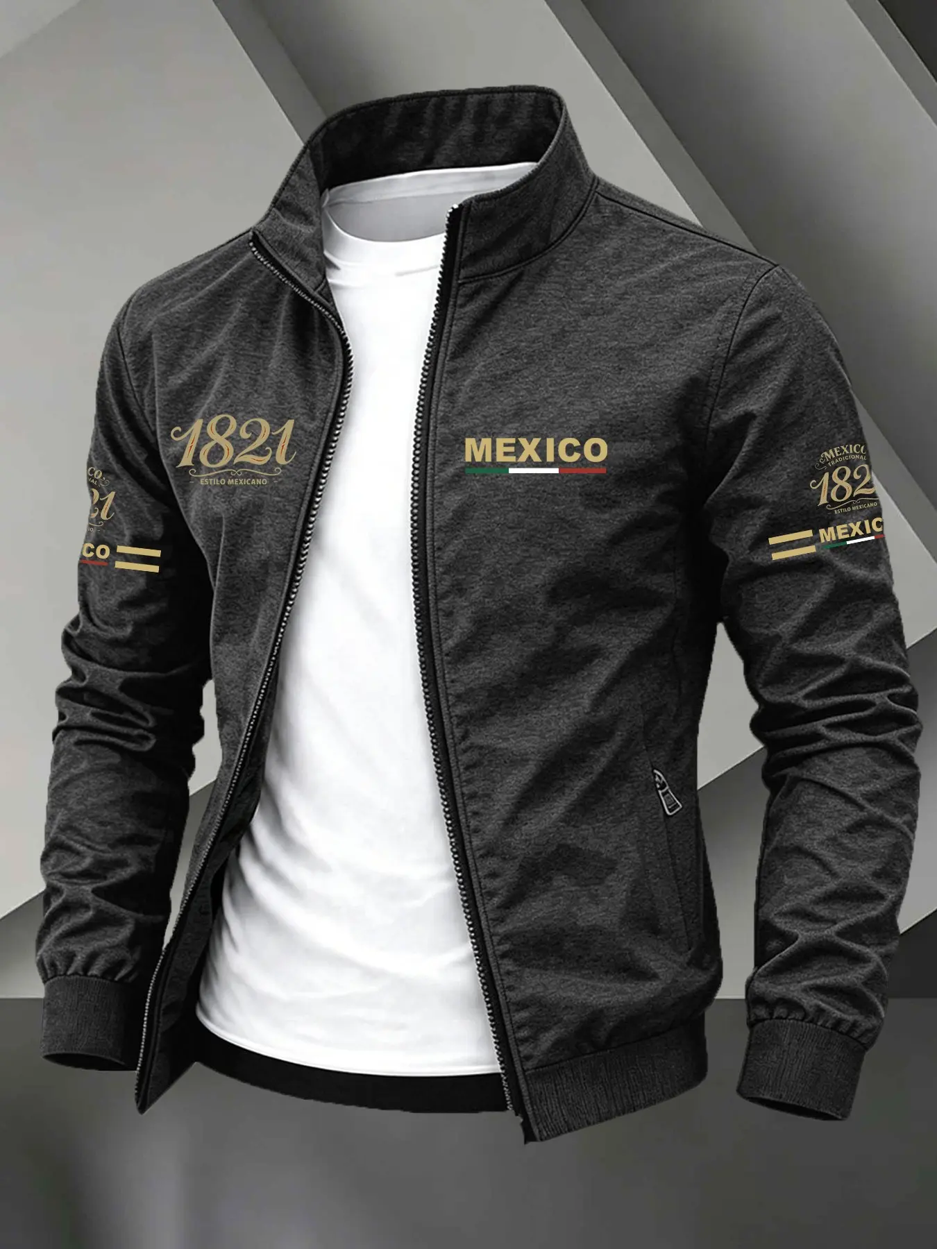 Stand Collar Zip Light Jacket, Chest & Sleeve Mexico 1821 Flag Letter Graphic Print Elastic Cuff Mexican Heritage Casual Outdoor Coat Long Sleeve #MexicoZipJacket #MexicanCulture #1821Mexico #TrackJacketMen #TikTokMadeMeBuyIt