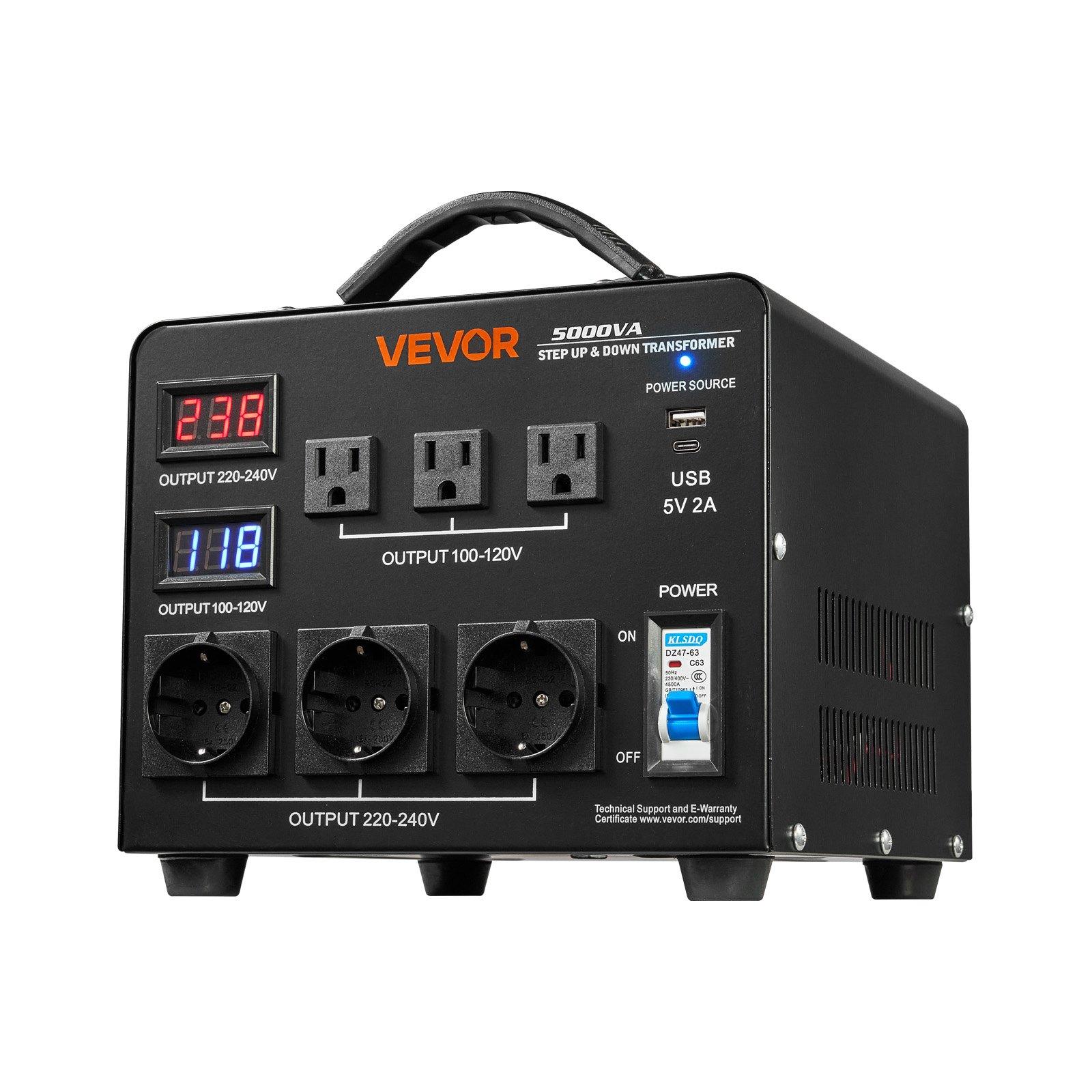 VEVOR Voltage Auto Converter Transformer, 5000VA, Heavy Duty Step Up/Down Power Transformer, 110V to 220V and 220V to 110V, with 3 US Outlets, 3 EU Outlets, LCD Display, Circuit Breaker Protection VEVOR Voltage Auto Converter Transformer, 5000VA, Heavy Duty Step Up/Down Power Transformer, 110V to 220V and 220V to 110V, with 3 US Outlets, 3 EU Outlets, LCD Display, Circuit Breaker Protection