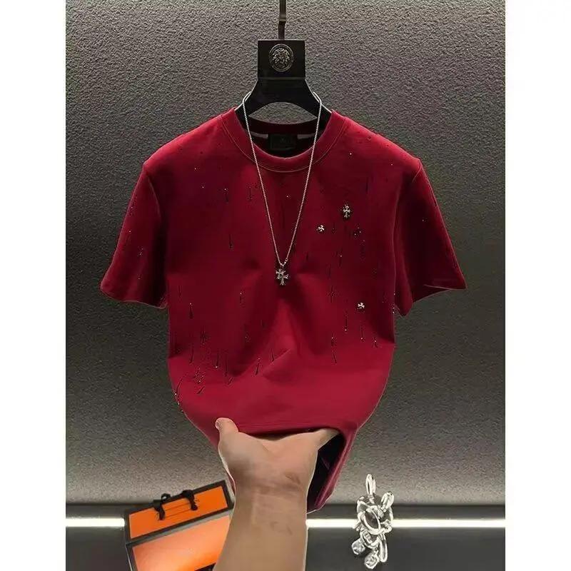 Summer Short Sleeve Men's Top Heavy Craft Light Luxury High-end Meteor Full Diamond T-shirt Men's Round Neck Half Sleeve T-shirt Fabric Menswear Crewneck Shortsleeve Seamless Spandex Stylish Tshirt Streetwear Casual.