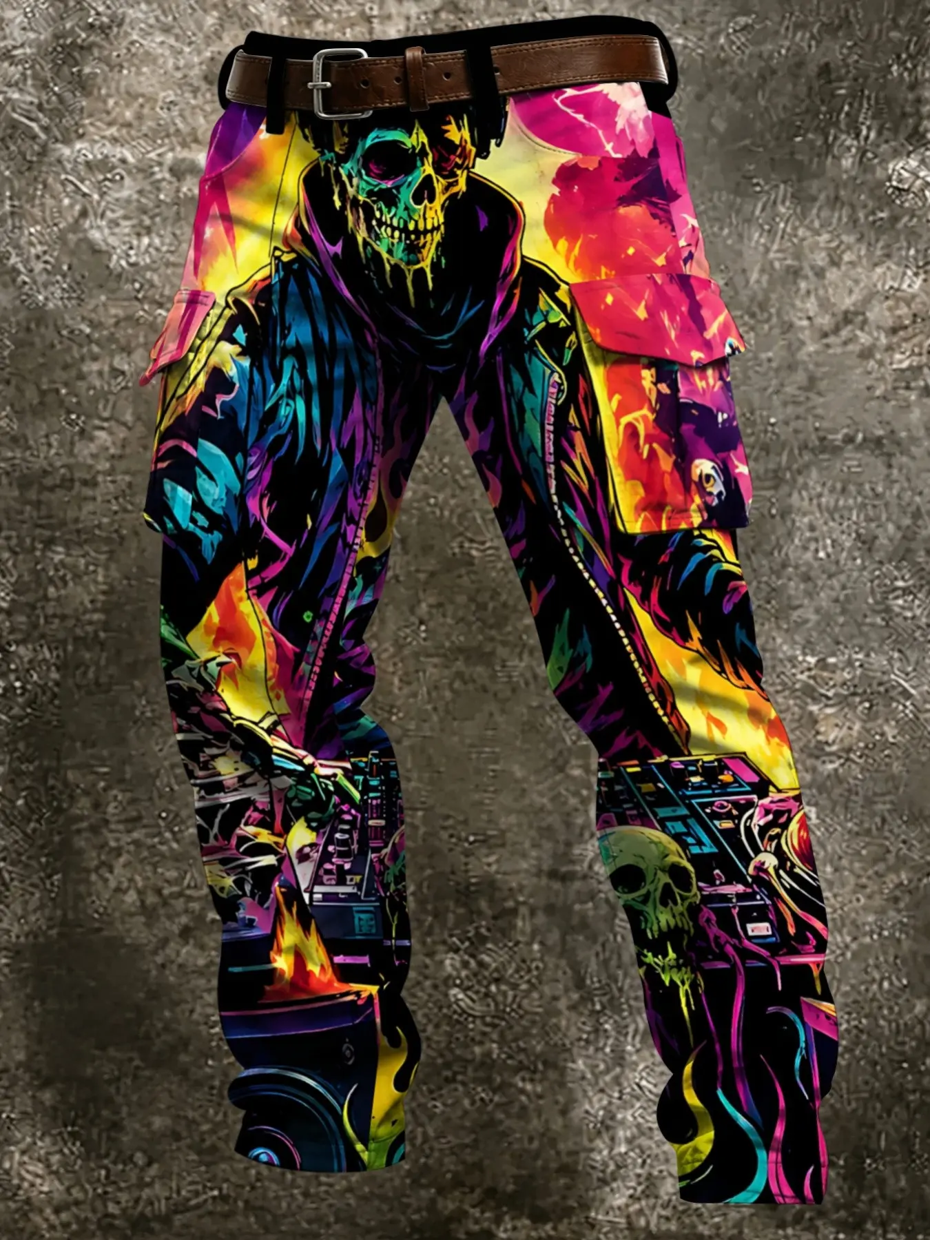 Men's Cyber Neon Skull Workwear Pants, Vibrant Graffiti, Skull Flame Dj Booth Print, Large Pockets, Loose Straight Leg, Music Festival, Menswear
