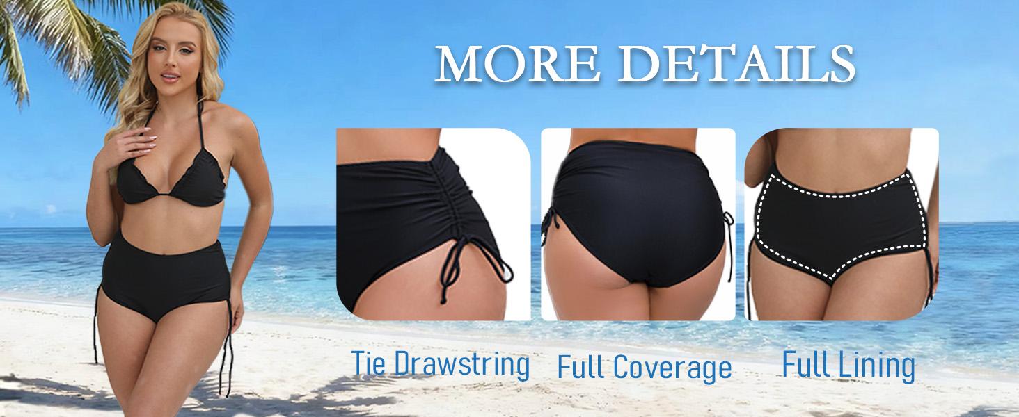 Women's High Waisted Full Coverage Bikini Bottoms Tummy Control Adjustable Drawstring Swim Bottoms