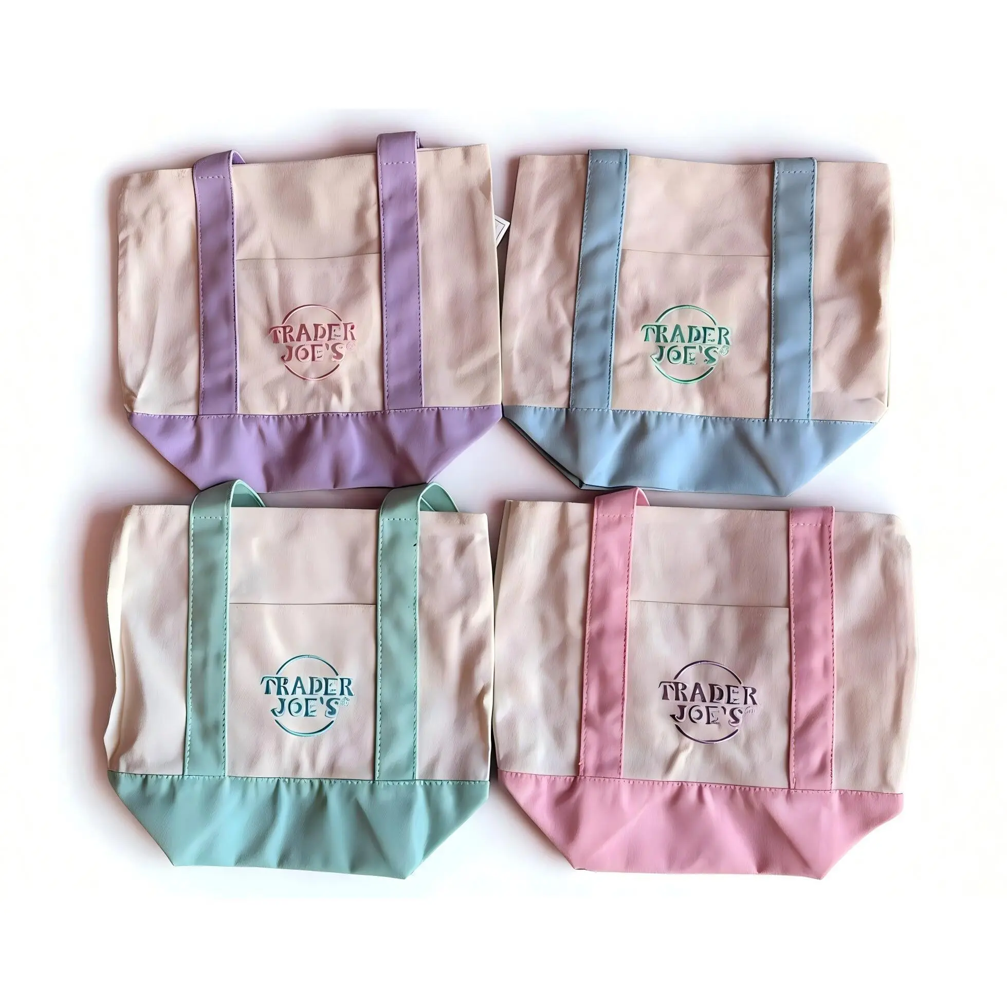 Limited Edition Lot of 4 Pastel Cotton Mini Canvas Totes for Women, Lettered Small Picnic-Camping Lunch & Grocery Bags for Trader Joe's