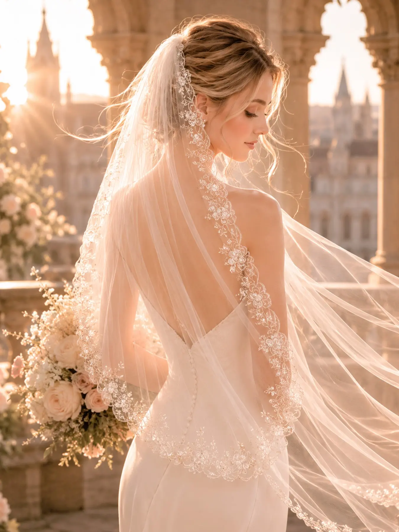 French-style elegant bridal veil featuring intricate, heavy-work lace trim; single-layer soft tulle in off-white—perfect for weddings and destination wedding photography, Wedding Veils for Brides
