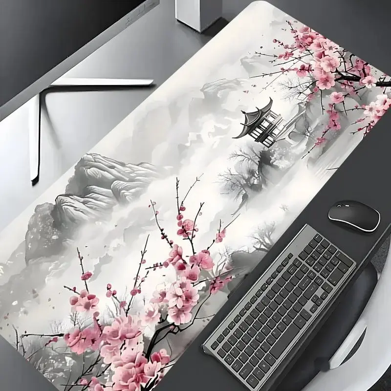 Cherry Blossom & Mountain Scenery Pattern Mouse Pad, Rectangle Gaming Mouse Pad, Non-slip Rubber Pad, Desktop Decoration for Home Office, Desk Accessories, Computer Desk Mat, Gaming Desk Accessory