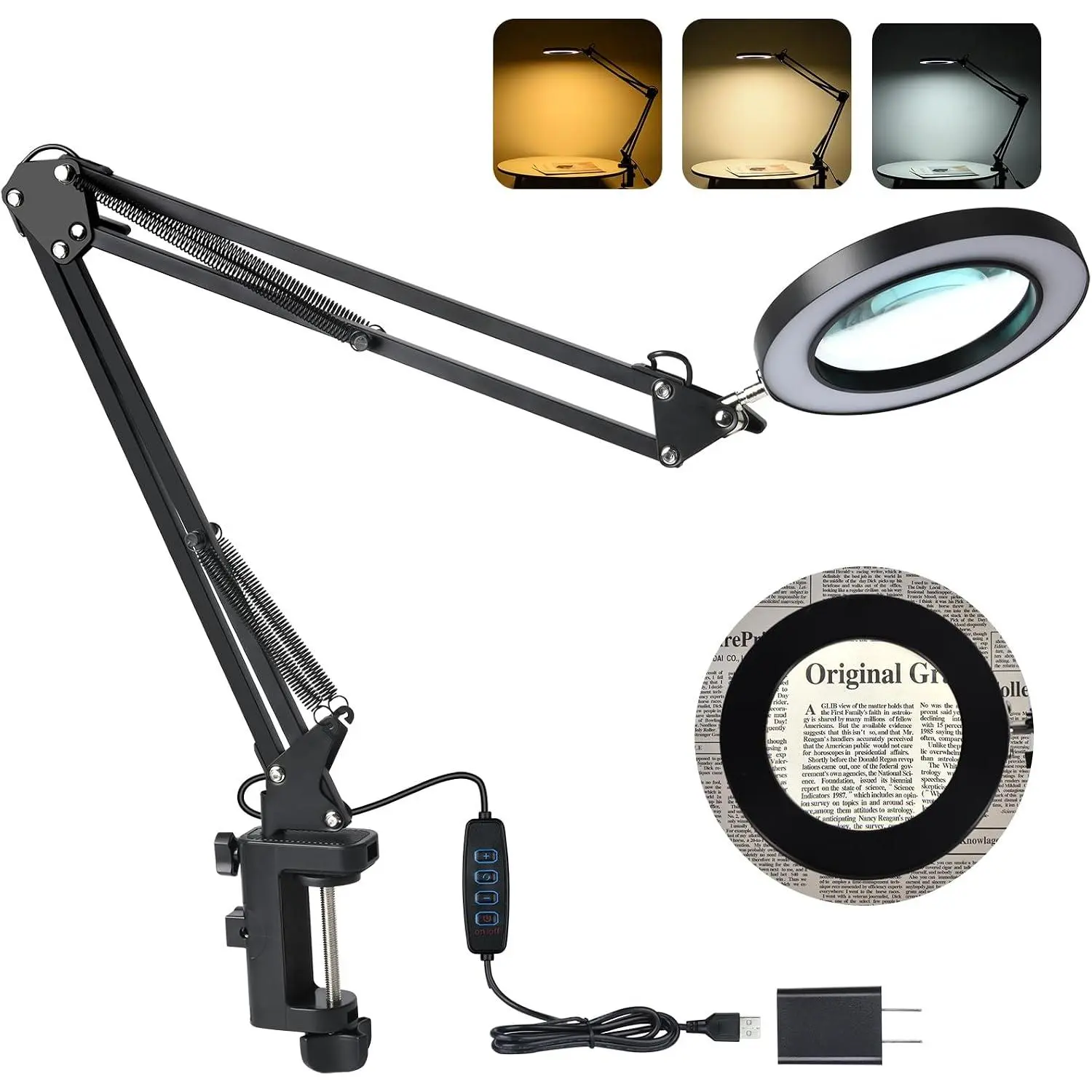 LED Magnifier Desk Lamp with Stand - 5-Diopter Real Glass Lens, 3 Color Modes, Stepless Dimmer, Adjustable Swivel Arm, LED Lighting, Indoor Use for Seniors, Close Work