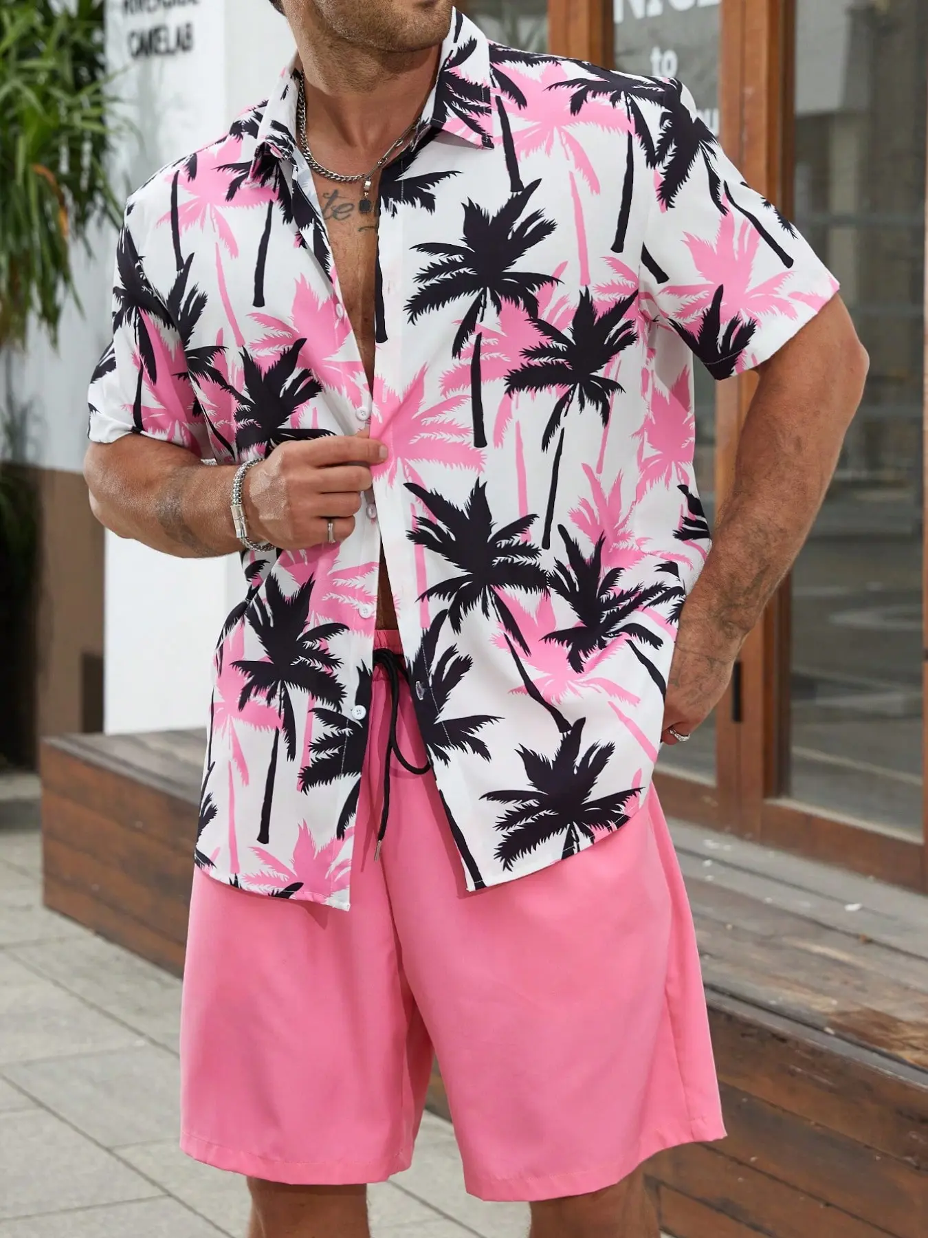 Men's Two-Piece Set with Tropical Palm Print Short-Sleeve Shirt and Drawstring Waist Shorts, Button Front and Turn-Down Collar, Casual Resort Wear
