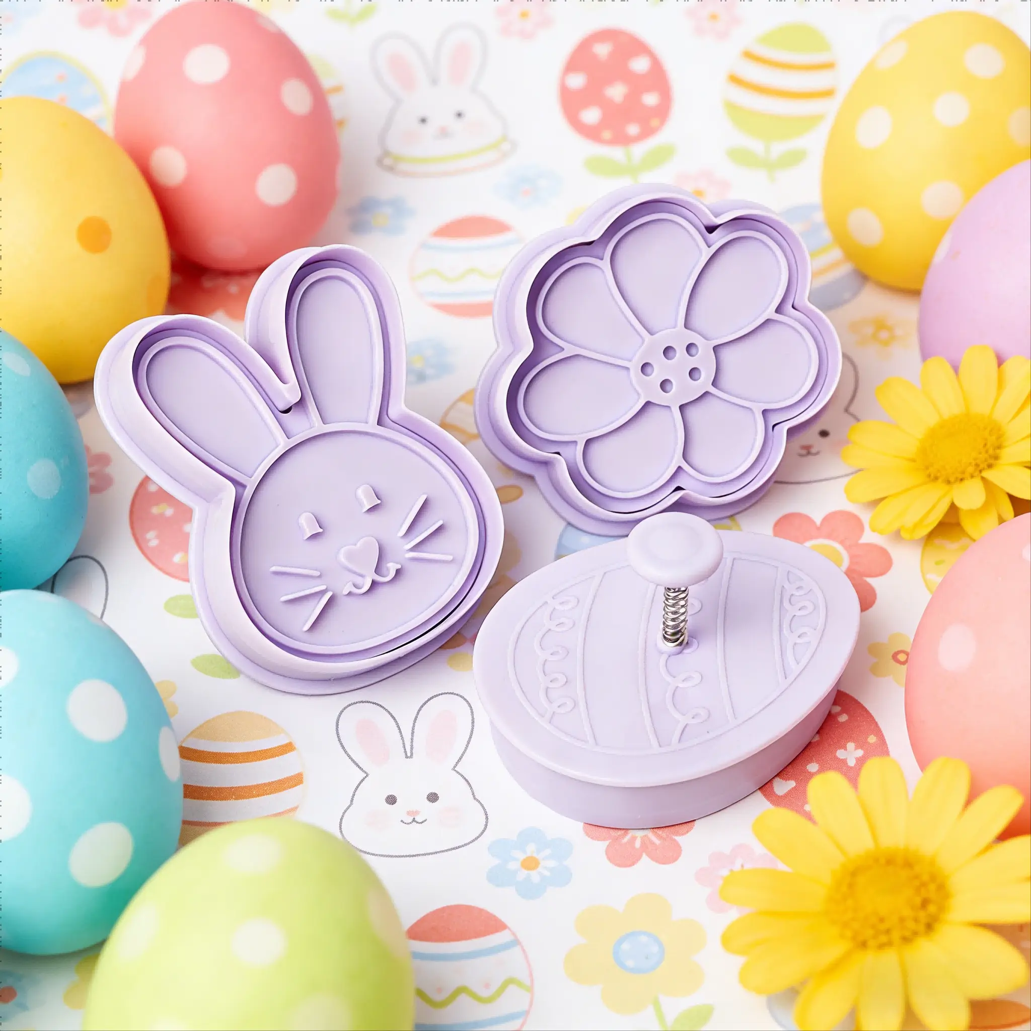 3-Piece Easter 3D Cookie Cutter and Stamper Set—suitable for cutting and embossing cookies, biscuits, fondant, pastries, decorated cakes, pie crusts, and more. Perfect for Easter, family gatherings, birthday parties, and DIY baking projects.