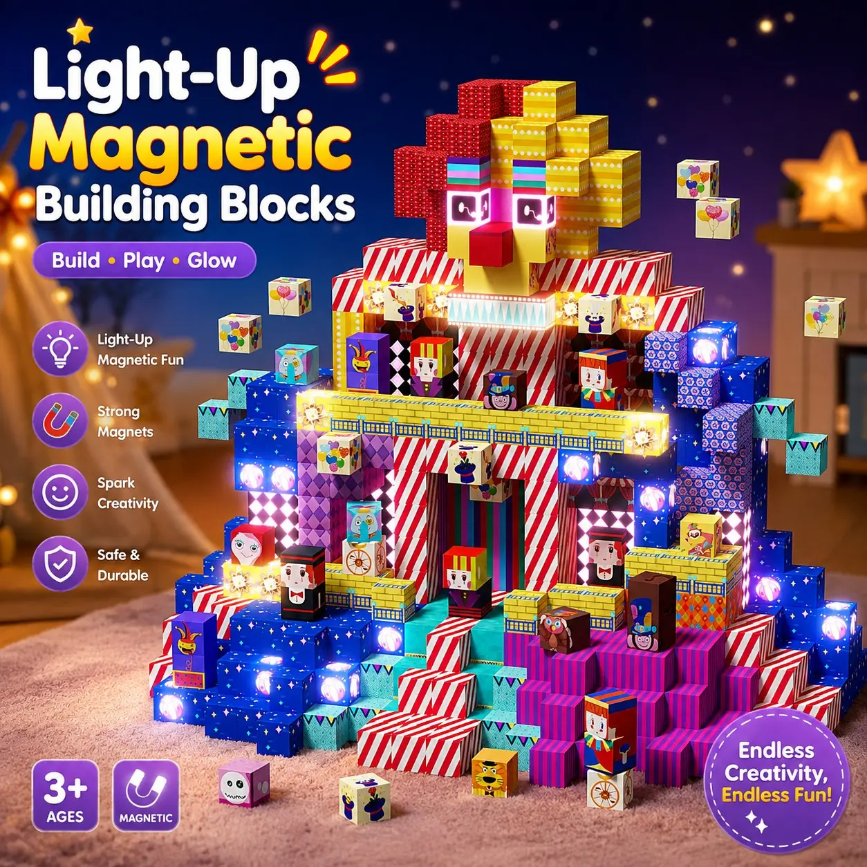 Glowing Magnetic Cubes Building Blocks, Colorful Circus Creative Assembly, Stem Educational Toy, Space Imagination, Ages 3+, Gift Idea