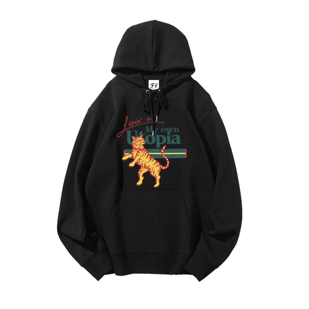 Graphic Hoodie Essential Hoodie Retro Livin In My Own Utopia Vintage Tiger Graphic Hoodies, Solid Black Cotton-Blend Fleece Drawstring Pullover Kangaroo Pocket Unisex Wild Streetwear Sweatshirt Casual Breathable